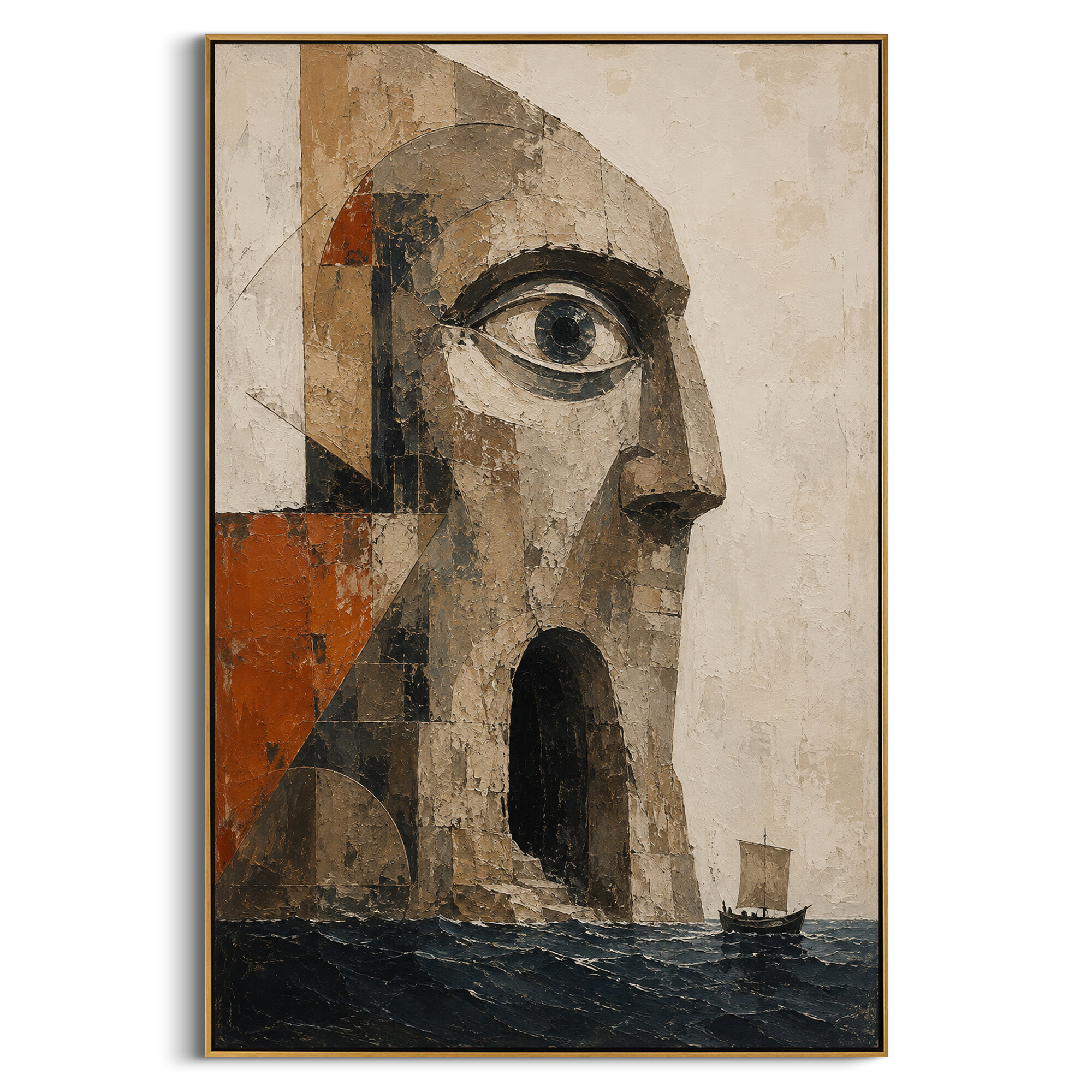 A red-cloaked traveler stands at the prow while the sea breaks around the black hull. The red sun ahead makes the return feel heroic, severe, and unresolved.