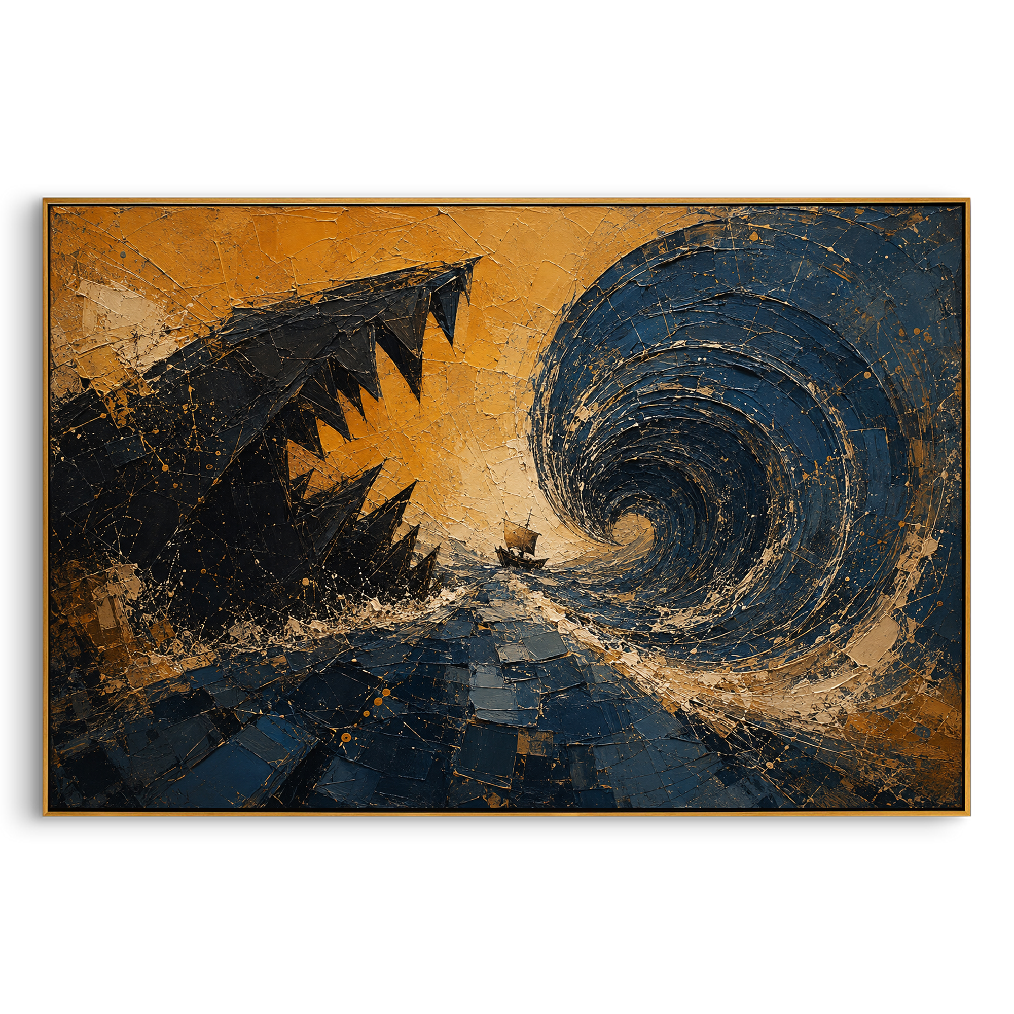 The boat is reduced to a speck between teeth and whirlpool, as if the sea itself has chosen sides. Gold light across the violence gives the danger a mythic, unavoidable weight.