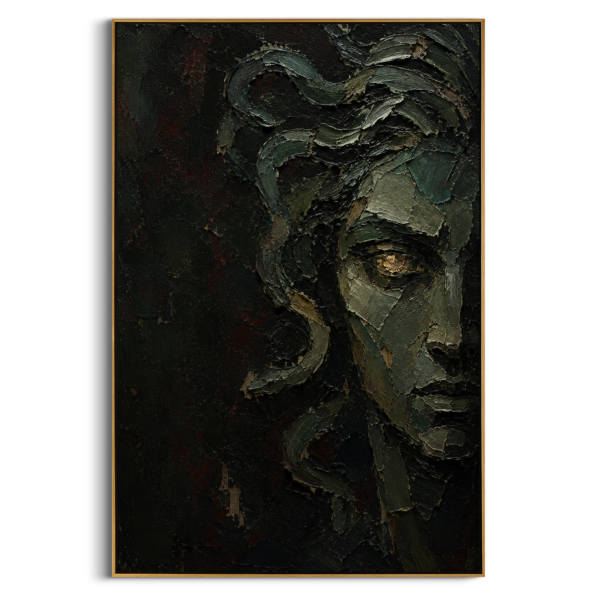 One golden eye breaks through the dark green stone face, watching from a place between ruin and warning. The fractured surface makes Medusa feel less like a figure than a memory that still has power.