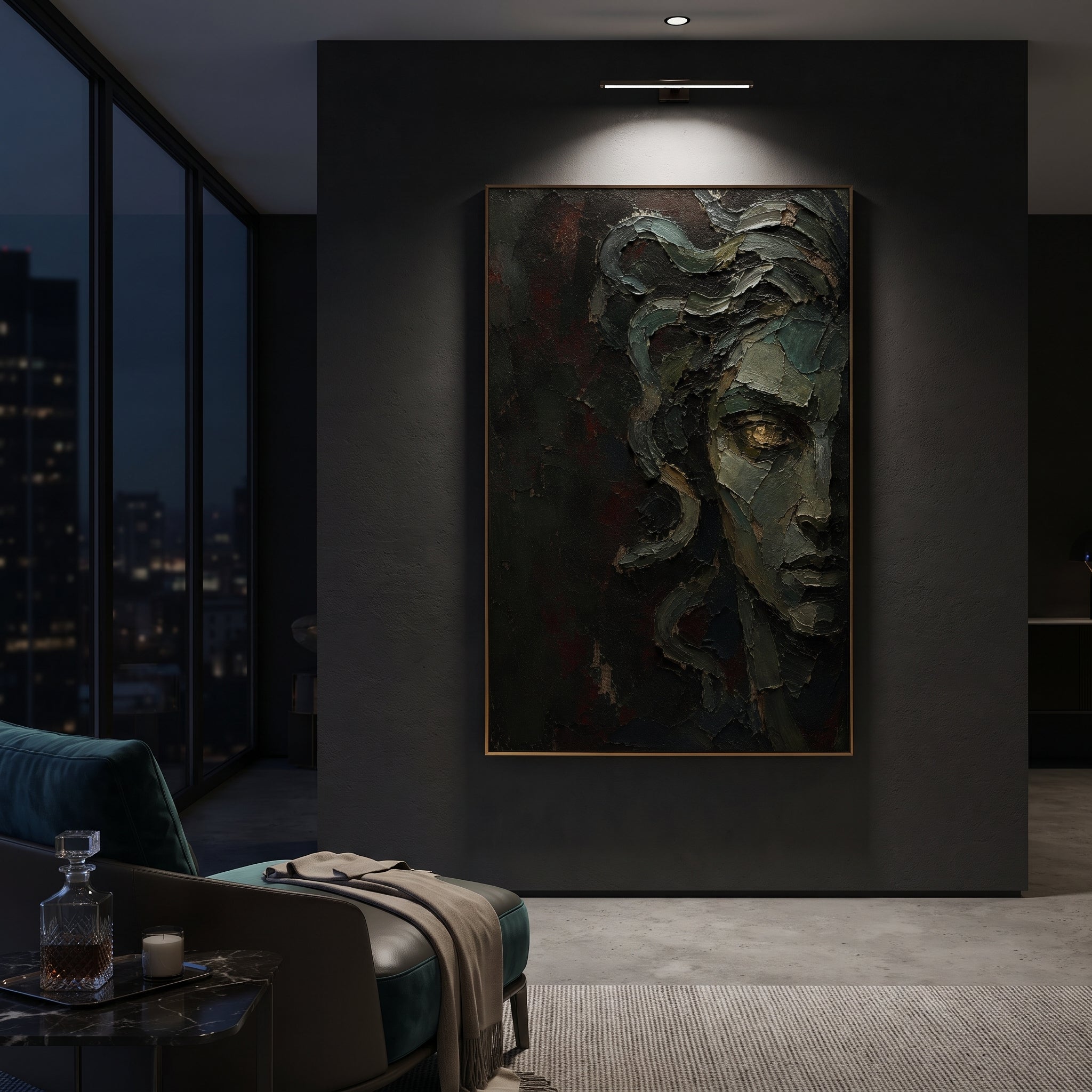 One golden eye breaks through the dark green stone face, watching from a place between ruin and warning. The fractured surface makes Medusa feel less like a figure than a memory that still has power.