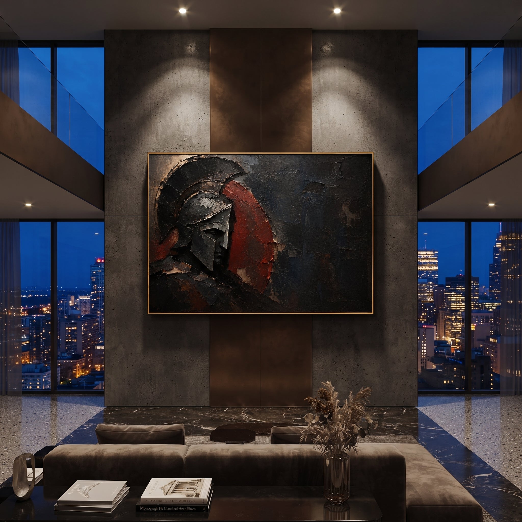 The helmet turns away into darkness, its red crest catching the last heat of battle. Around it, the black wall feels like a hall of silence after the warriors have gone.