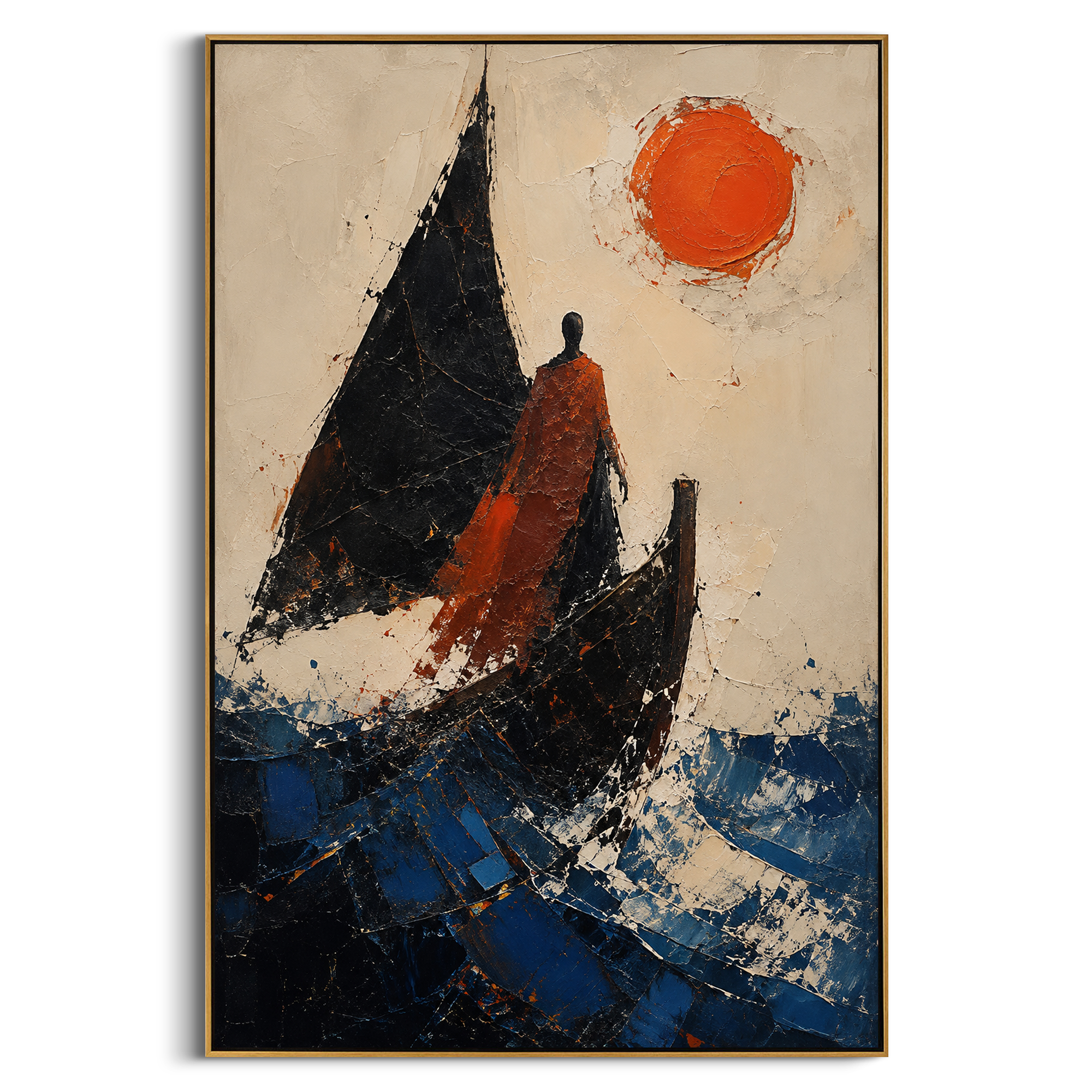 The red figure stands beside the black sail as if deciding whether the voyage is return or exile. The red sun fixes the moment in heat while the broken blue water keeps moving.