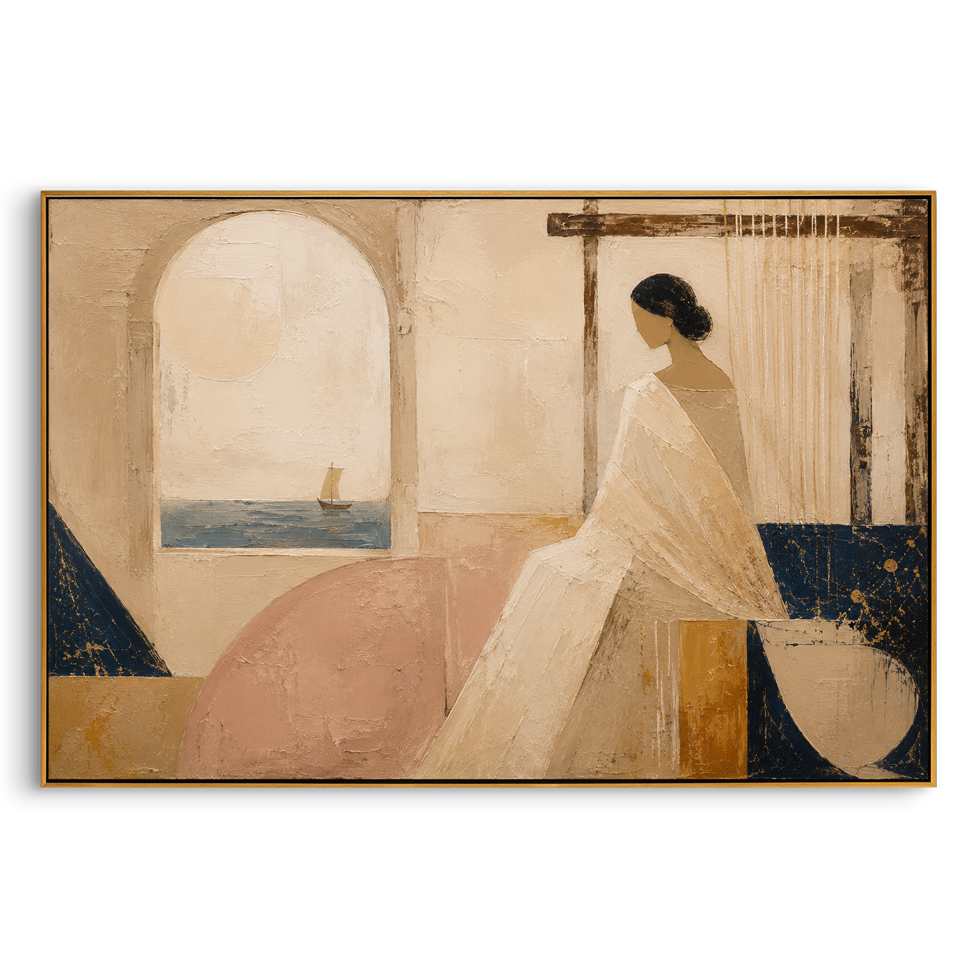 She sits beside the loom while a small sail crosses the window beyond her room. The quiet interior holds the sea at a distance, turning waiting into a private architecture of light and thread.