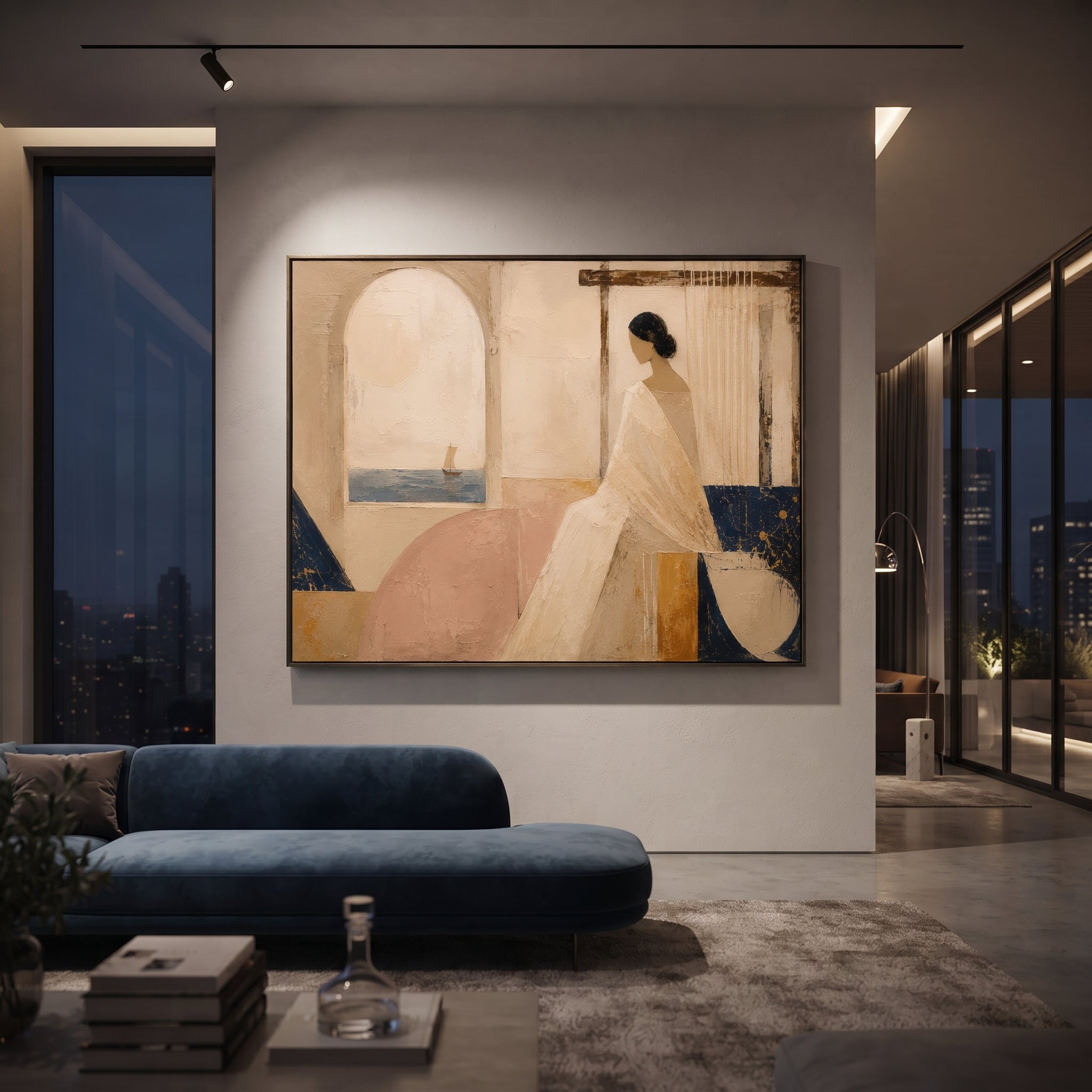 She sits beside the loom while a small sail crosses the window beyond her room. The quiet interior holds the sea at a distance, turning waiting into a private architecture of light and thread.