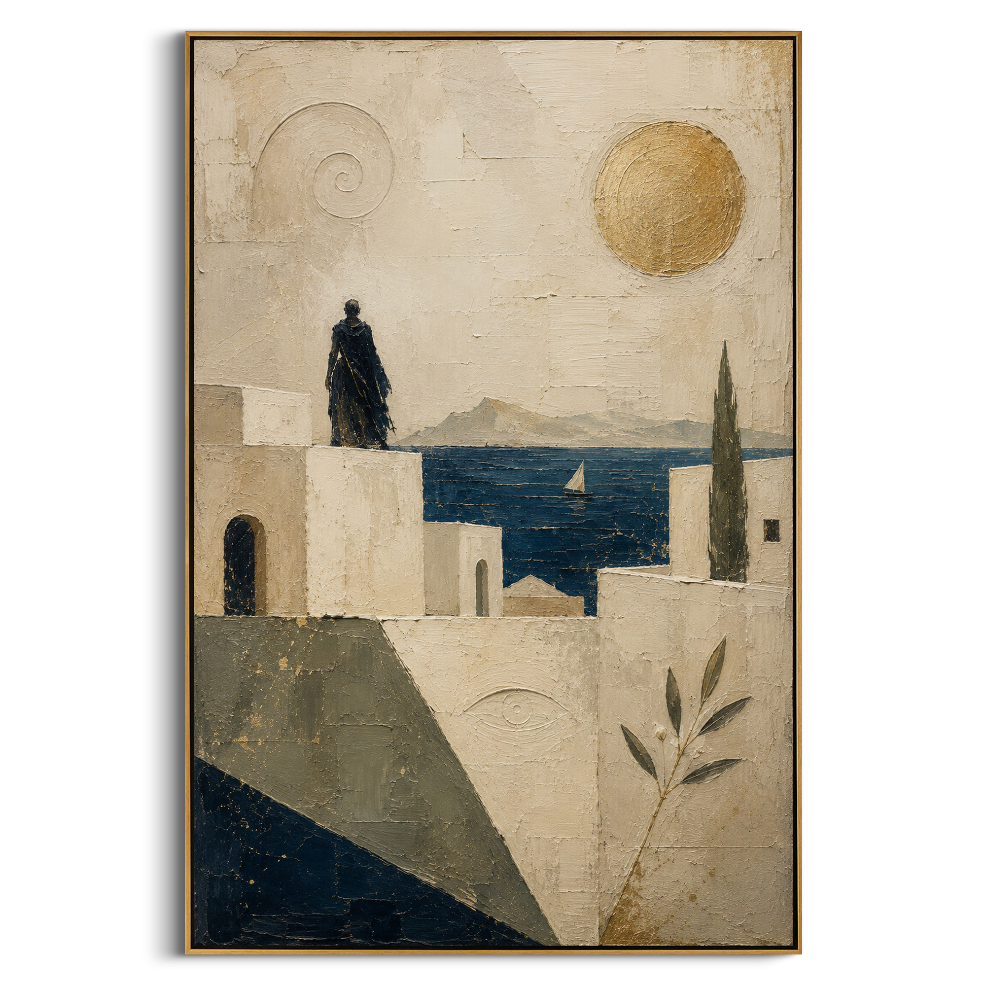 A dark figure stands above the white city, measuring the sea where a small sail moves under the gold sun. The rooftops become a threshold between longing and the horizon.