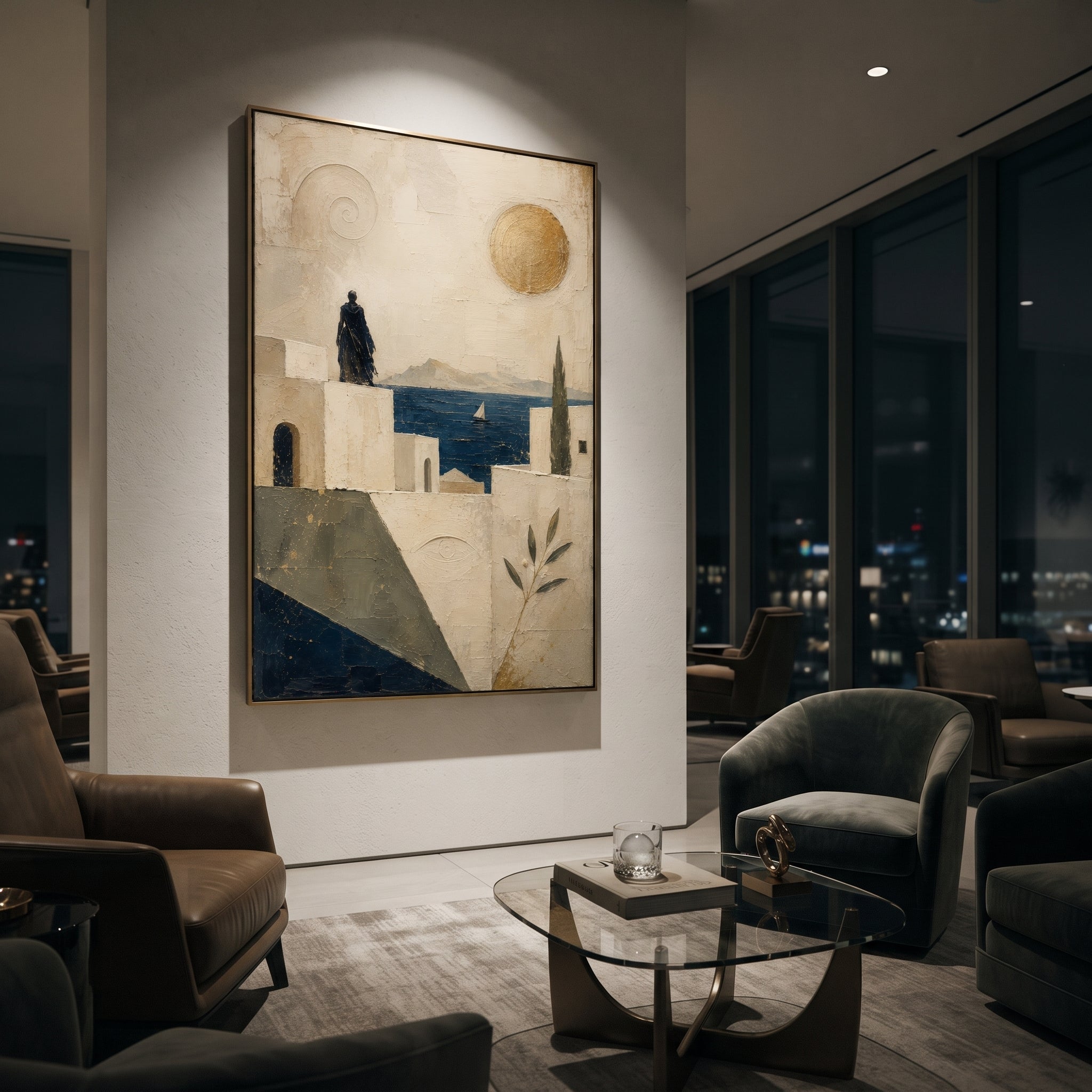 A dark figure stands above the white city, measuring the sea where a small sail moves under the gold sun. The rooftops become a threshold between longing and the horizon.