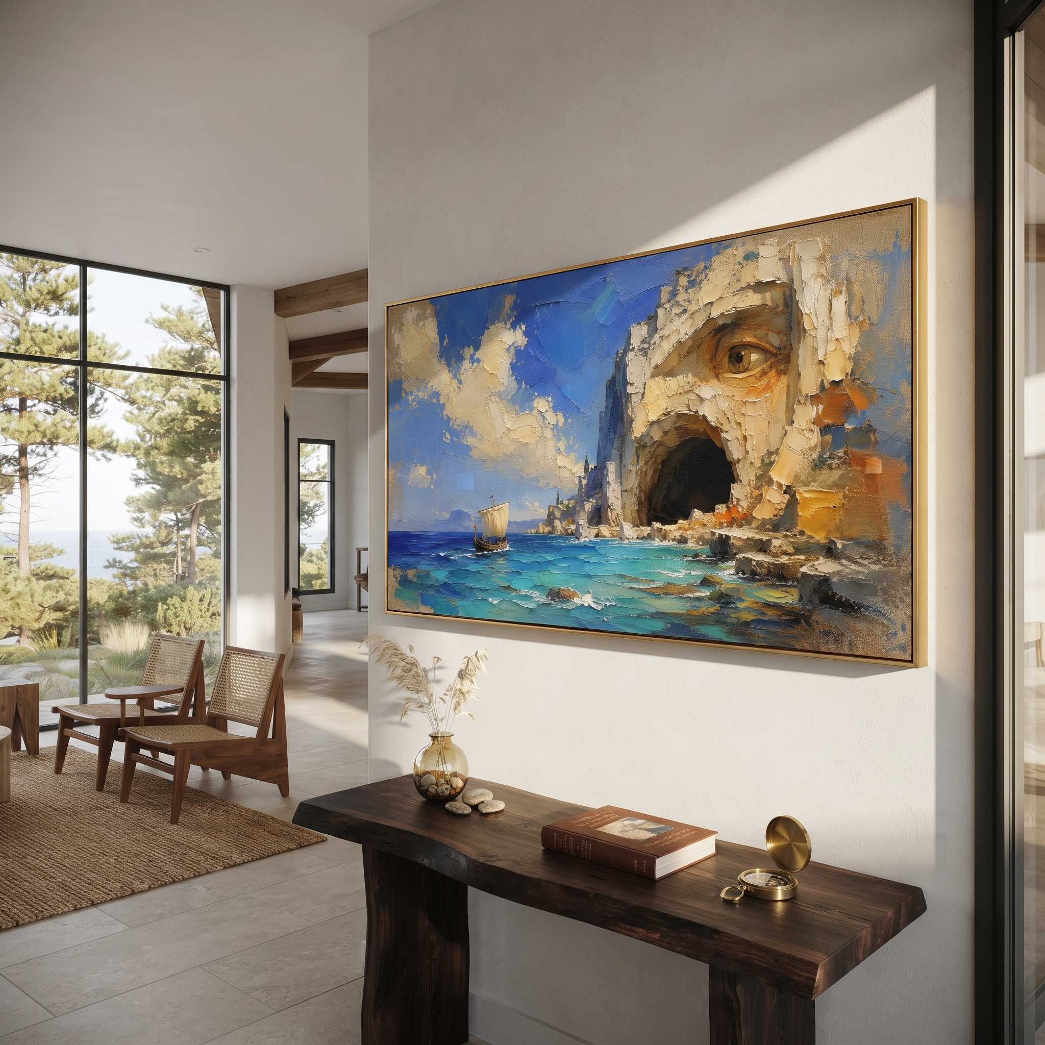 The boat passes a cliff whose cave has become the Cyclops mouth and whose eye watches from stone. Bright Aegean water makes the danger feel open, public, and impossible to hide from.