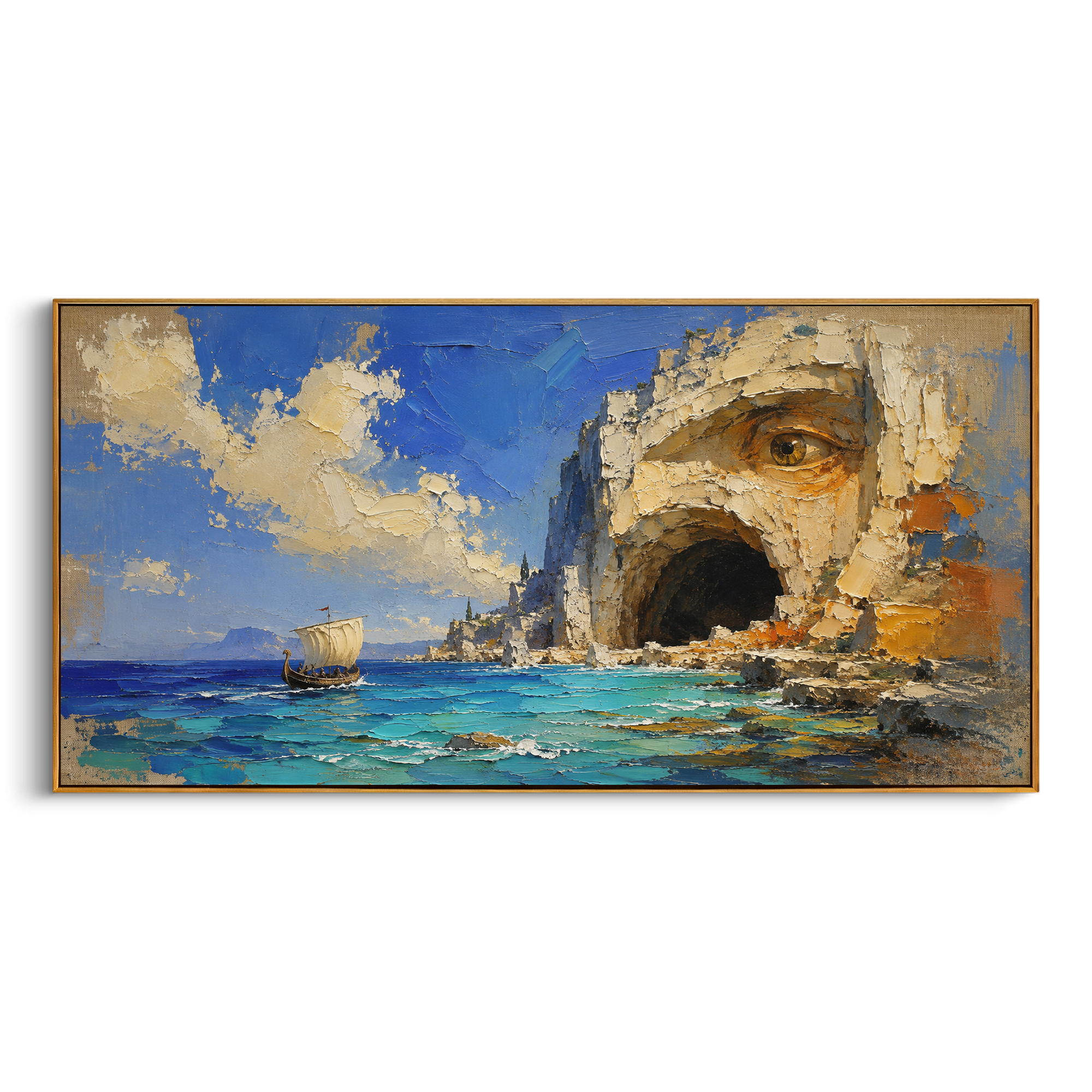 The boat passes a cliff whose cave has become the Cyclops mouth and whose eye watches from stone. Bright Aegean water makes the danger feel open, public, and impossible to hide from.