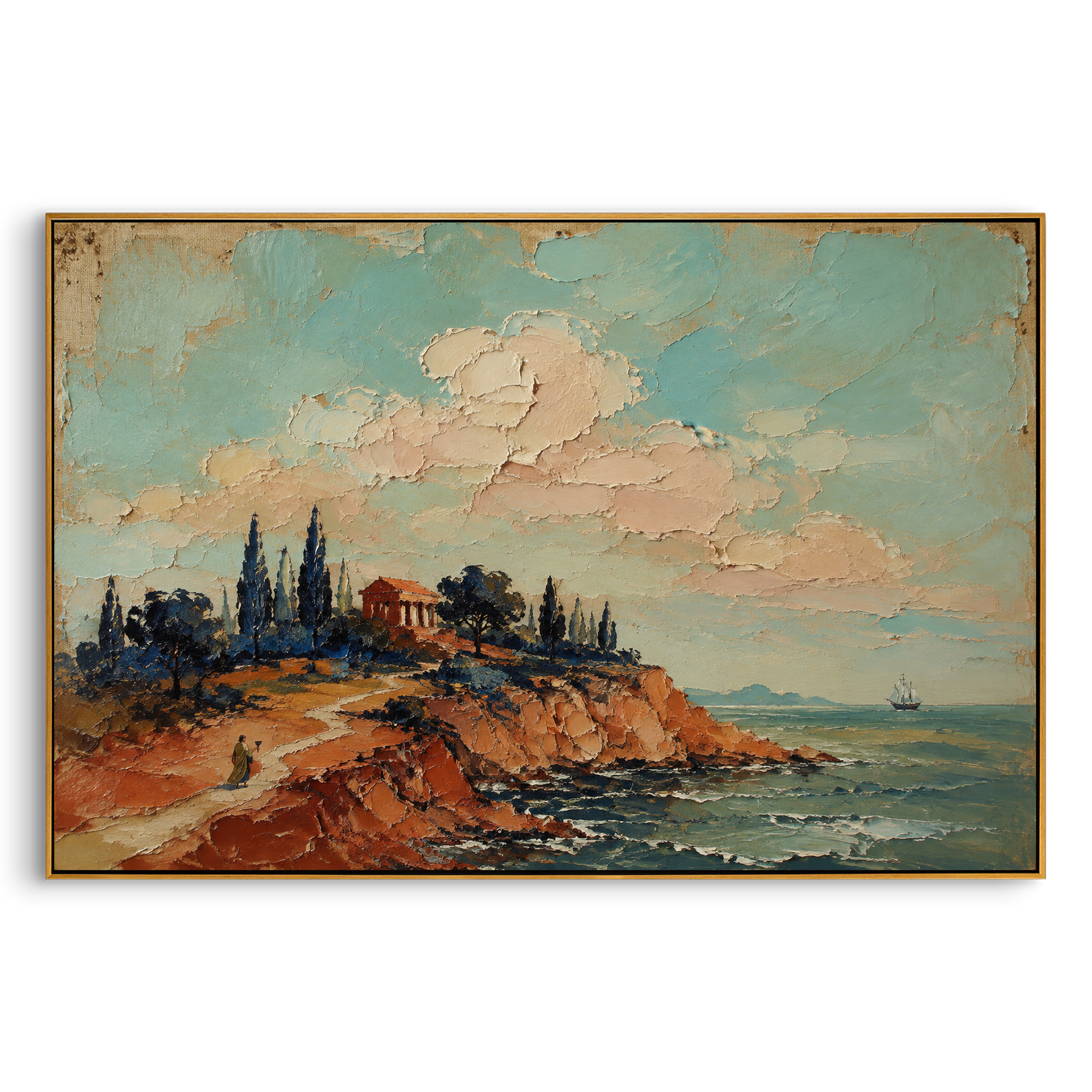A small traveler walks the red coast while the temple watches from the ridge and a ship waits offshore. The scene feels like the pause before departure, when land still has a voice.