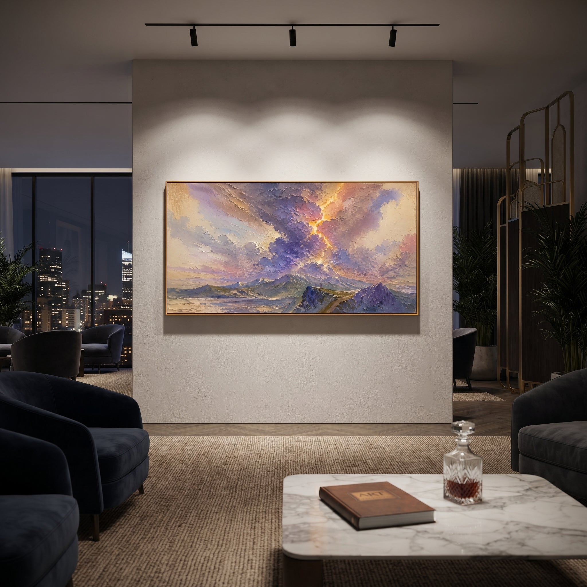 The mountains sit beneath a sky that seems opened by the gods. Pink cloud, blue distance, and gold light turn Olympus into a living omen rather than a quiet horizon.