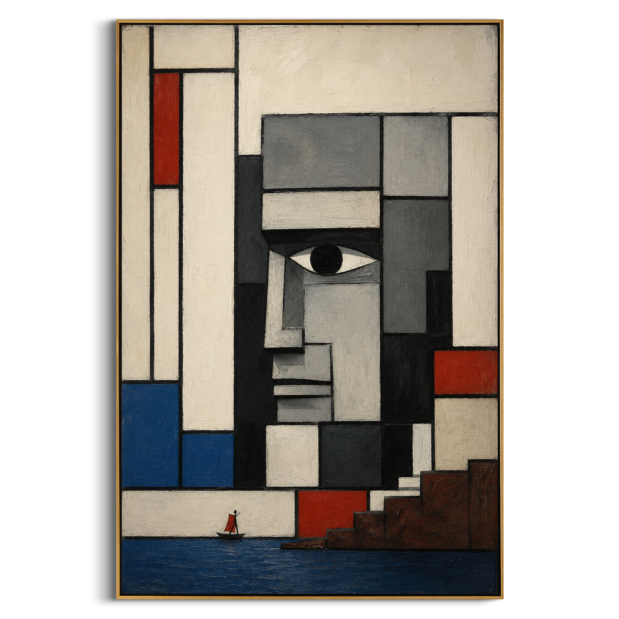 The single eye is assembled from hard blocks, watching a tiny red sail cross below. The strict geometry makes the Cyclops feel like a rule of the world, cold and exact.