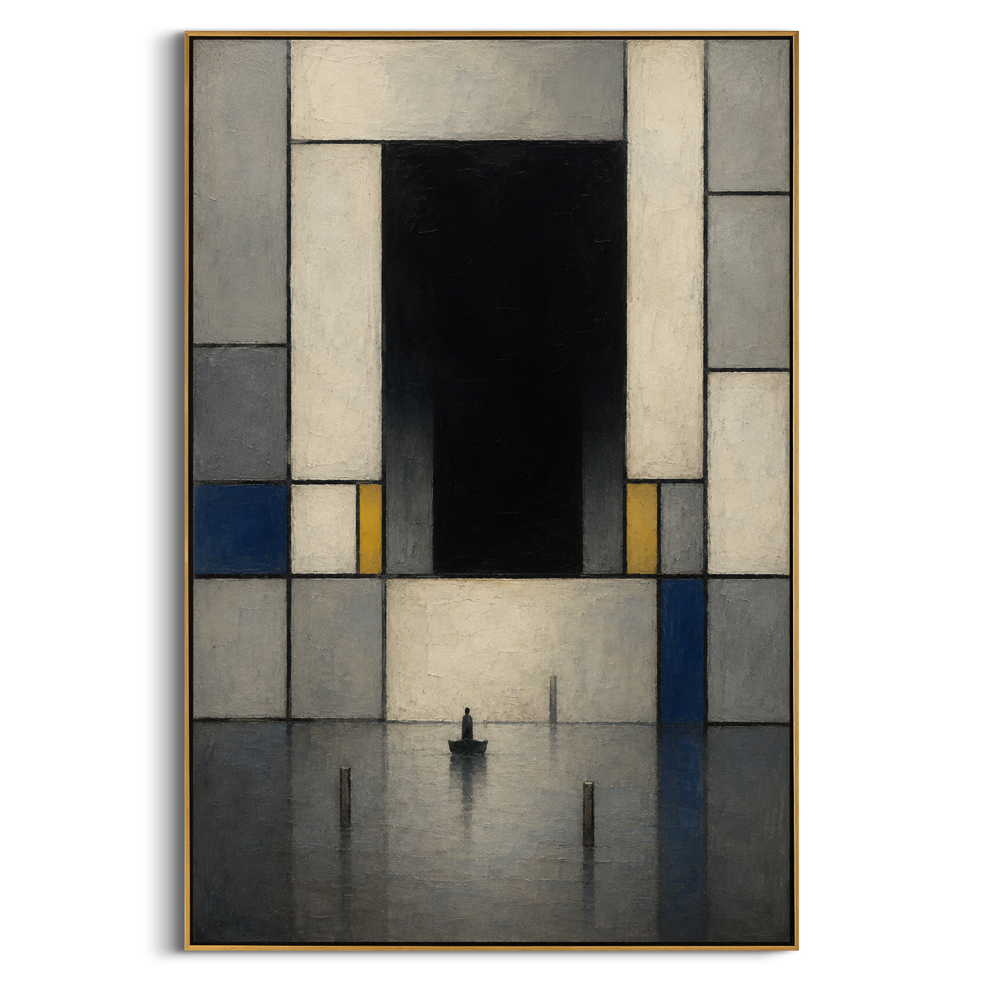 A lone boat stops before a black gate so large it silences the water around it. The still geometry turns arrival into a question the figure cannot avoid.
