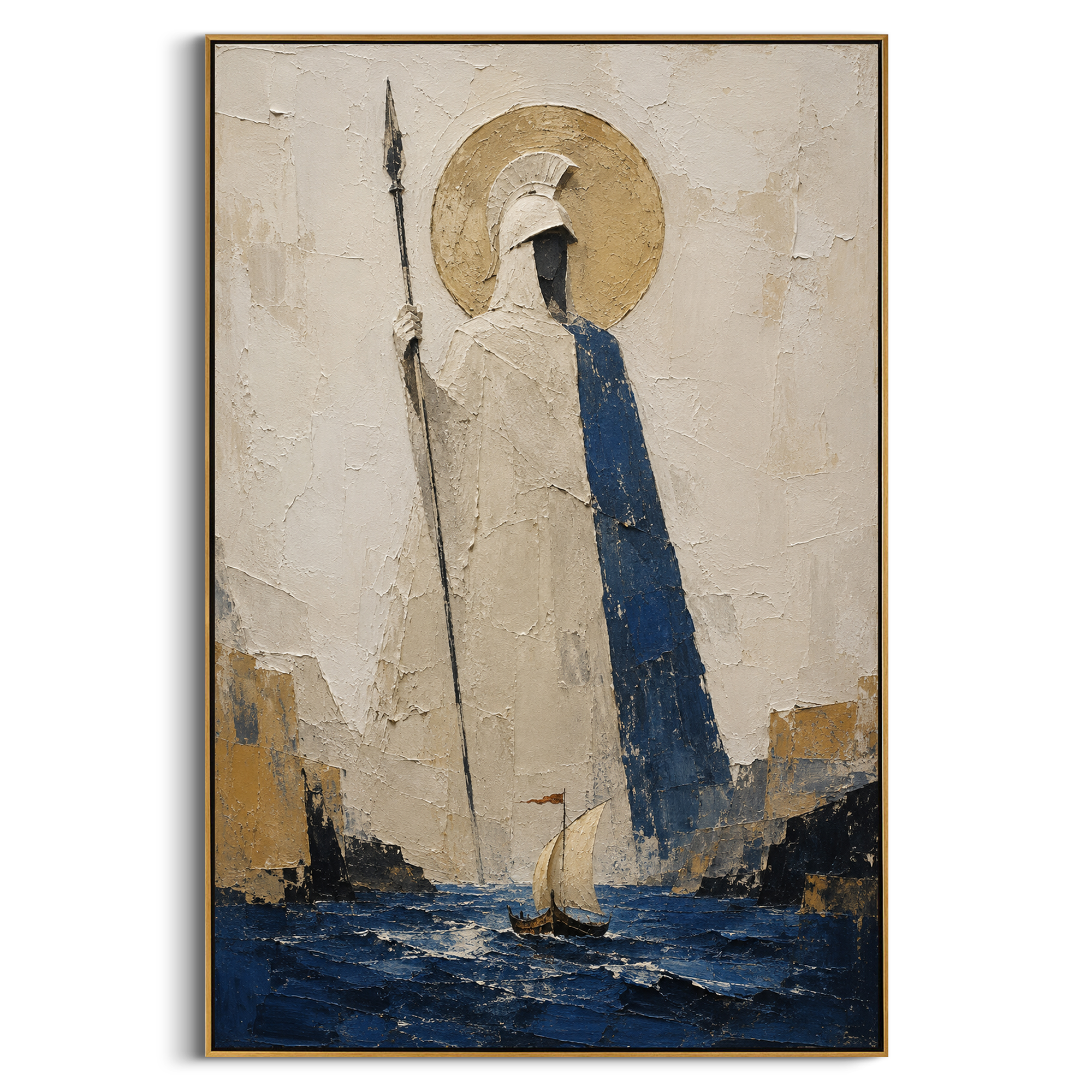 Athena stands above the channel with spear in hand while the small sail moves through the blue below. The gold circle behind her makes protection feel watchful, formal, and immense.