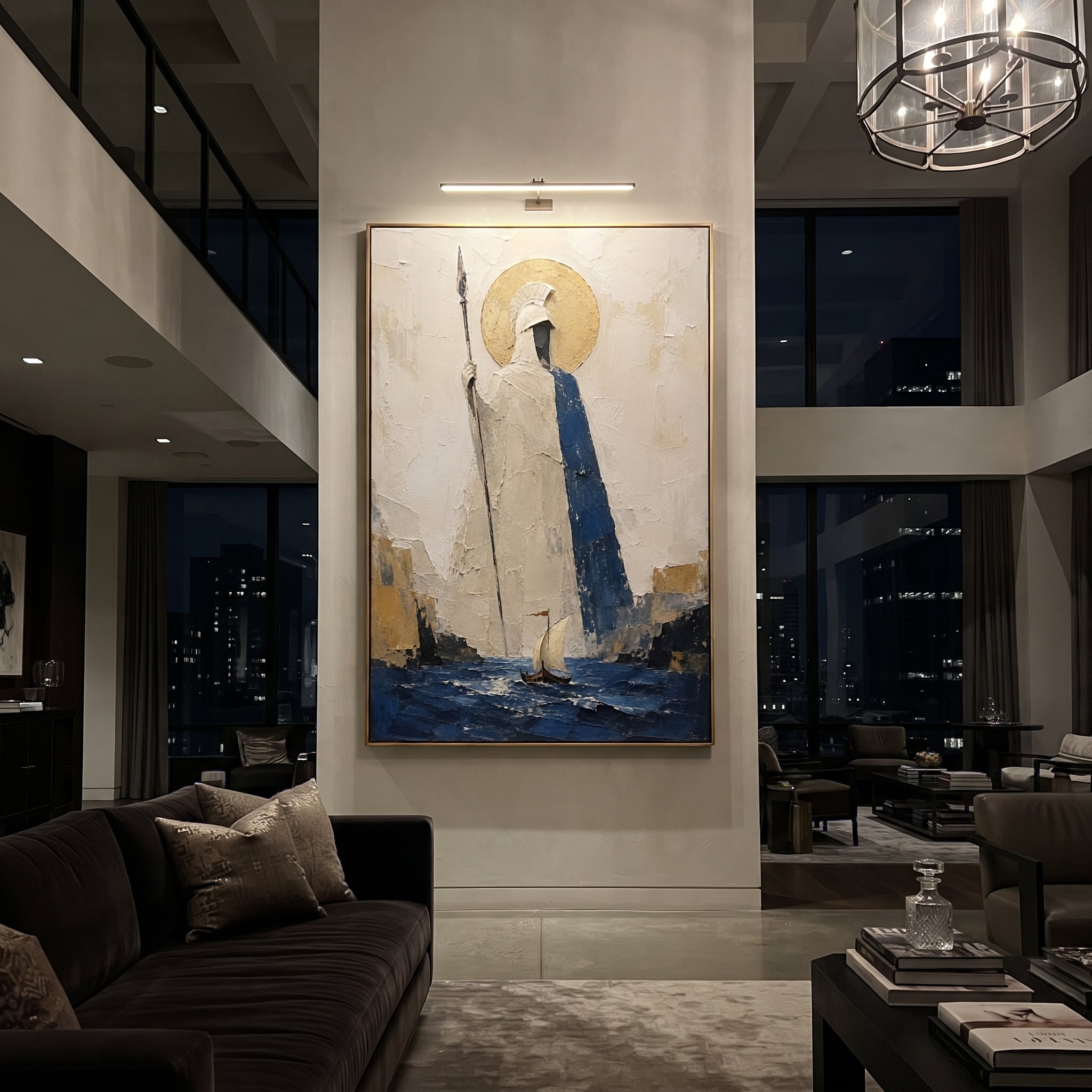 Athena stands above the channel with spear in hand while the small sail moves through the blue below. The gold circle behind her makes protection feel watchful, formal, and immense.