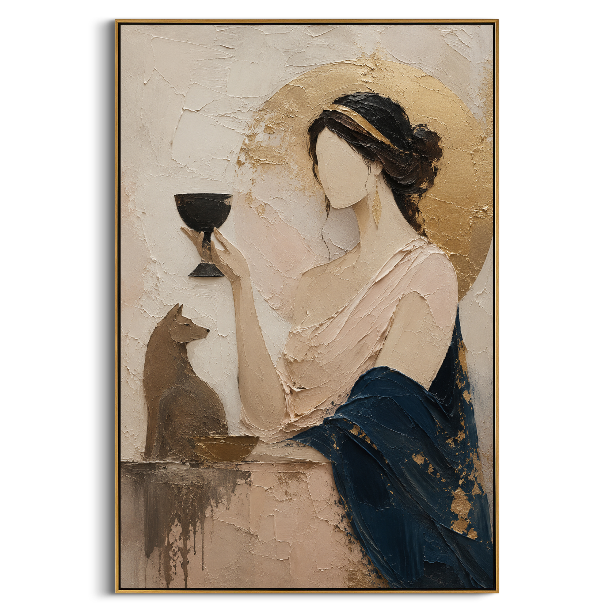 She raises the black cup while the hound sits beside her like a witness. The pale wall and gold halo give the quiet moment the gravity of an underworld promise.