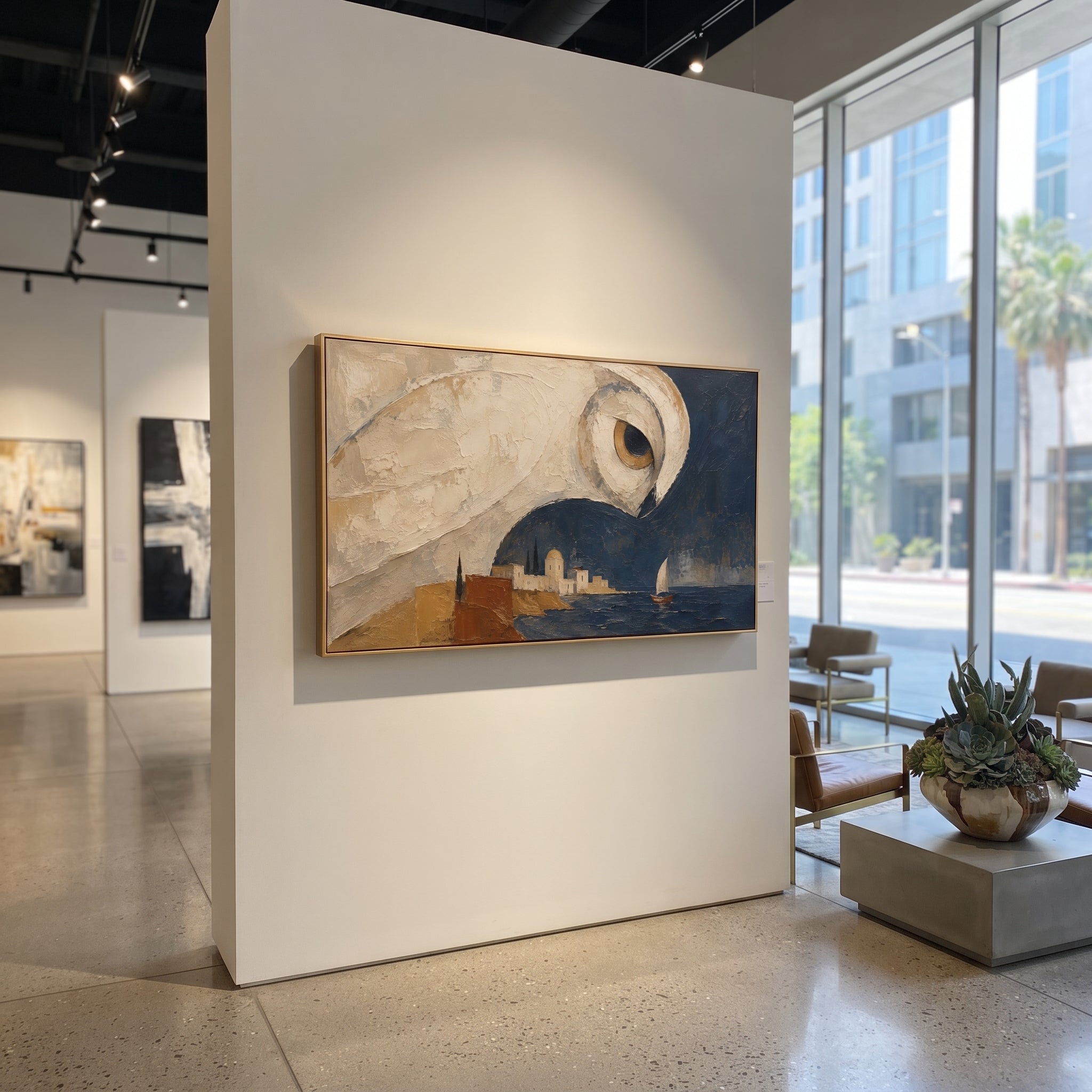 The owl stretches across the harbor sky, its eye lowered toward the small sail below. Athena's sign becomes shelter and surveillance at once, wrapping the blue town in a silent wing.
