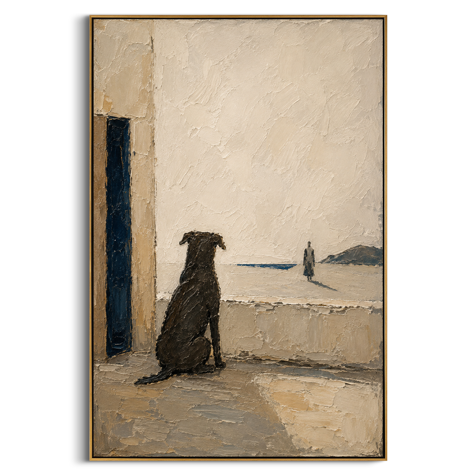 The dog waits by the doorway while a distant figure crosses the pale edge of the sea. The quiet distance turns loyalty into the real subject of the journey home.