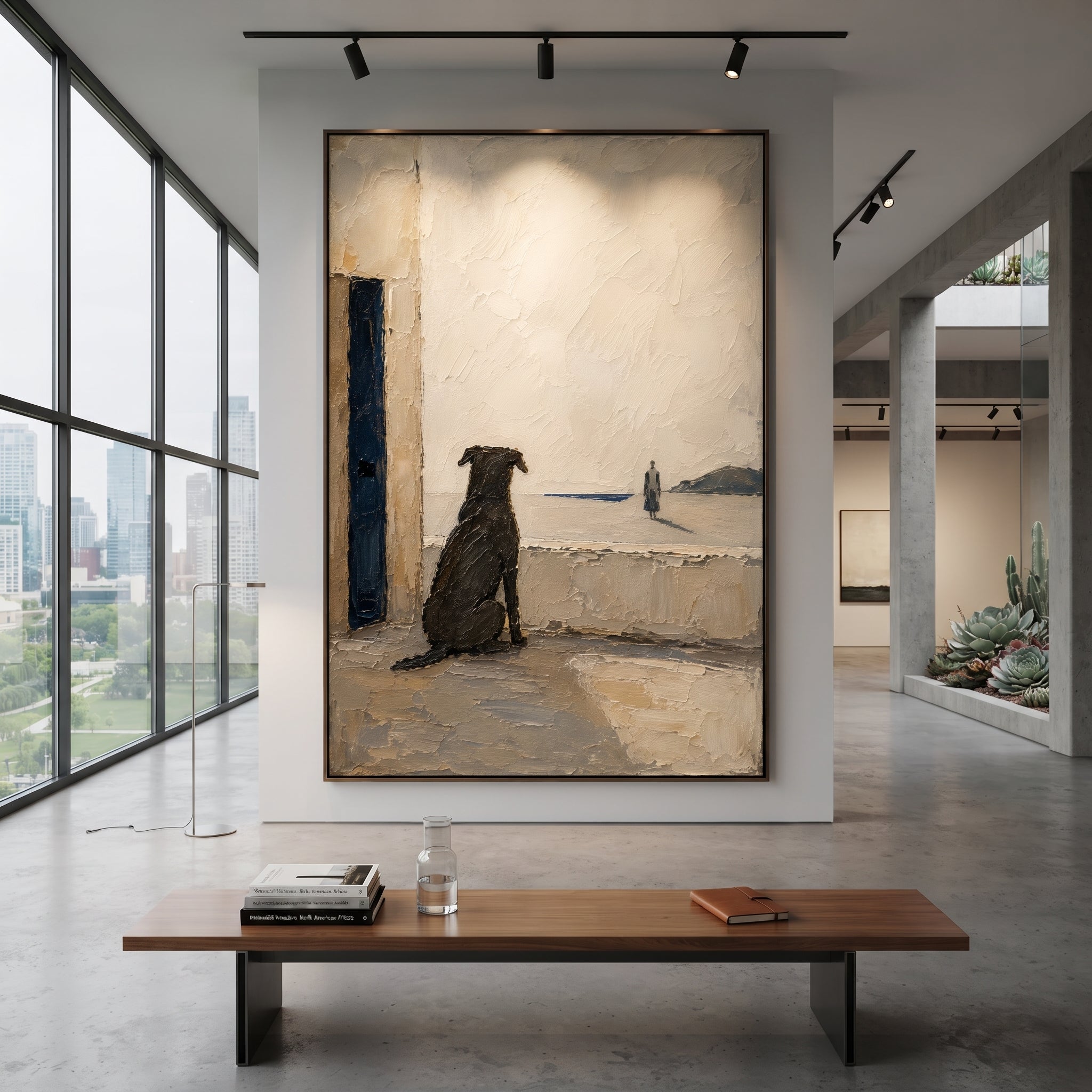 The dog waits by the doorway while a distant figure crosses the pale edge of the sea. The quiet distance turns loyalty into the real subject of the journey home.