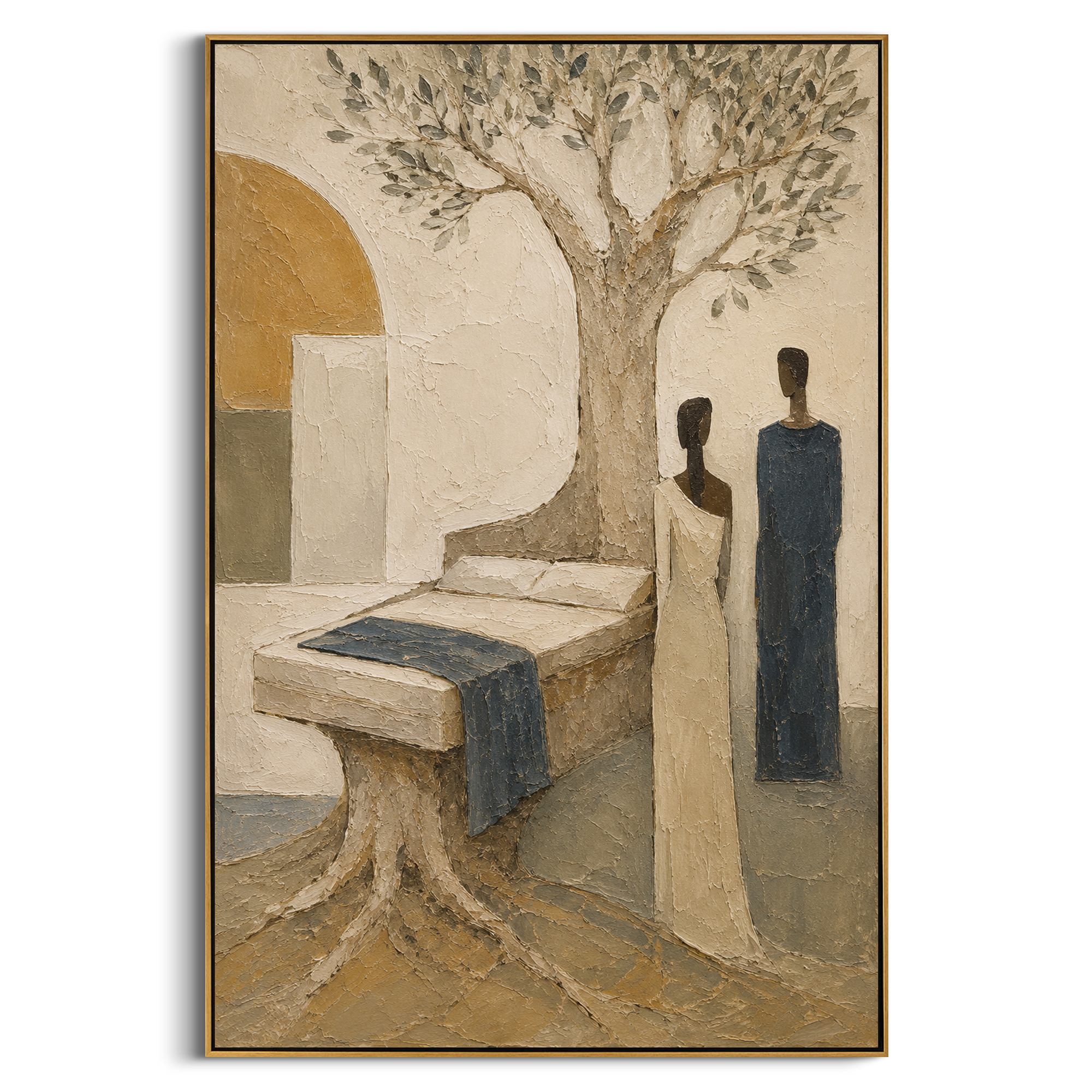 The bed grows from the olive tree, holding the room together like an old vow. Two figures stand beside it as if reunion depends on remembering what cannot be moved.