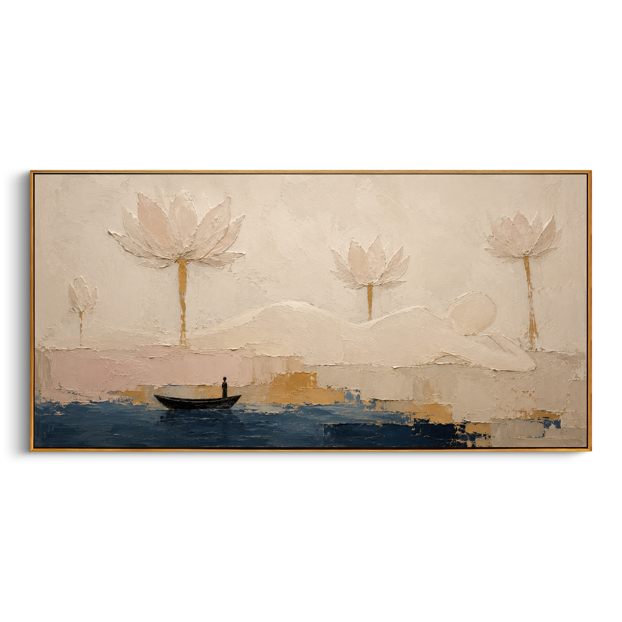 The boat drifts beneath pale lotus blooms, close to a shore that asks the traveler to rest and forget. The quiet pink field makes temptation gentle rather than loud.