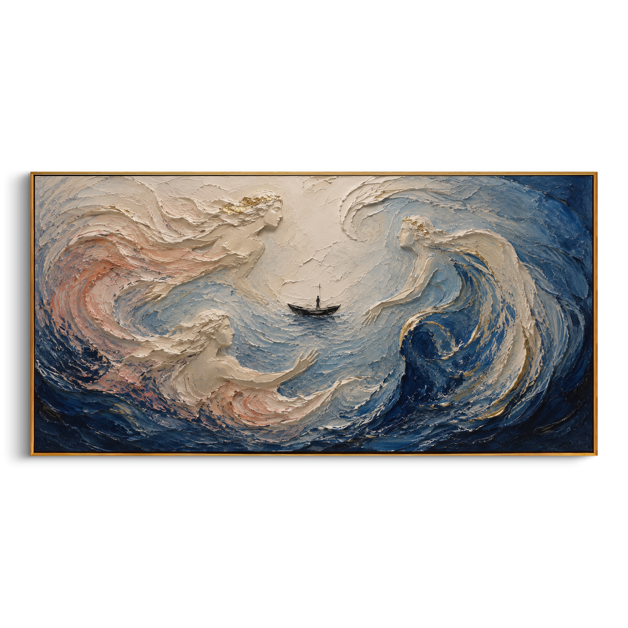 The sirens rise from the waves as soft bodies of wind and foam, surrounding the small boat without touching it. Their beauty makes the danger feel almost like mercy.