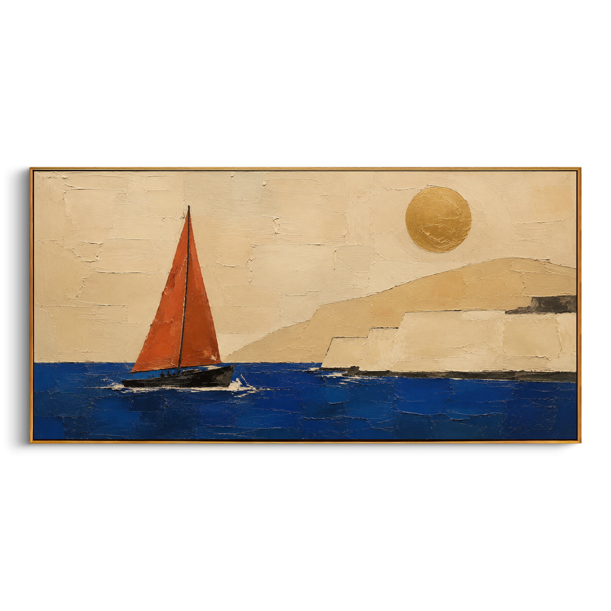 The white owl bends over the island like a sign in the night sky. Below, the small sailboat keeps moving, watched by Athena from wing, eye, and moonlit wall.