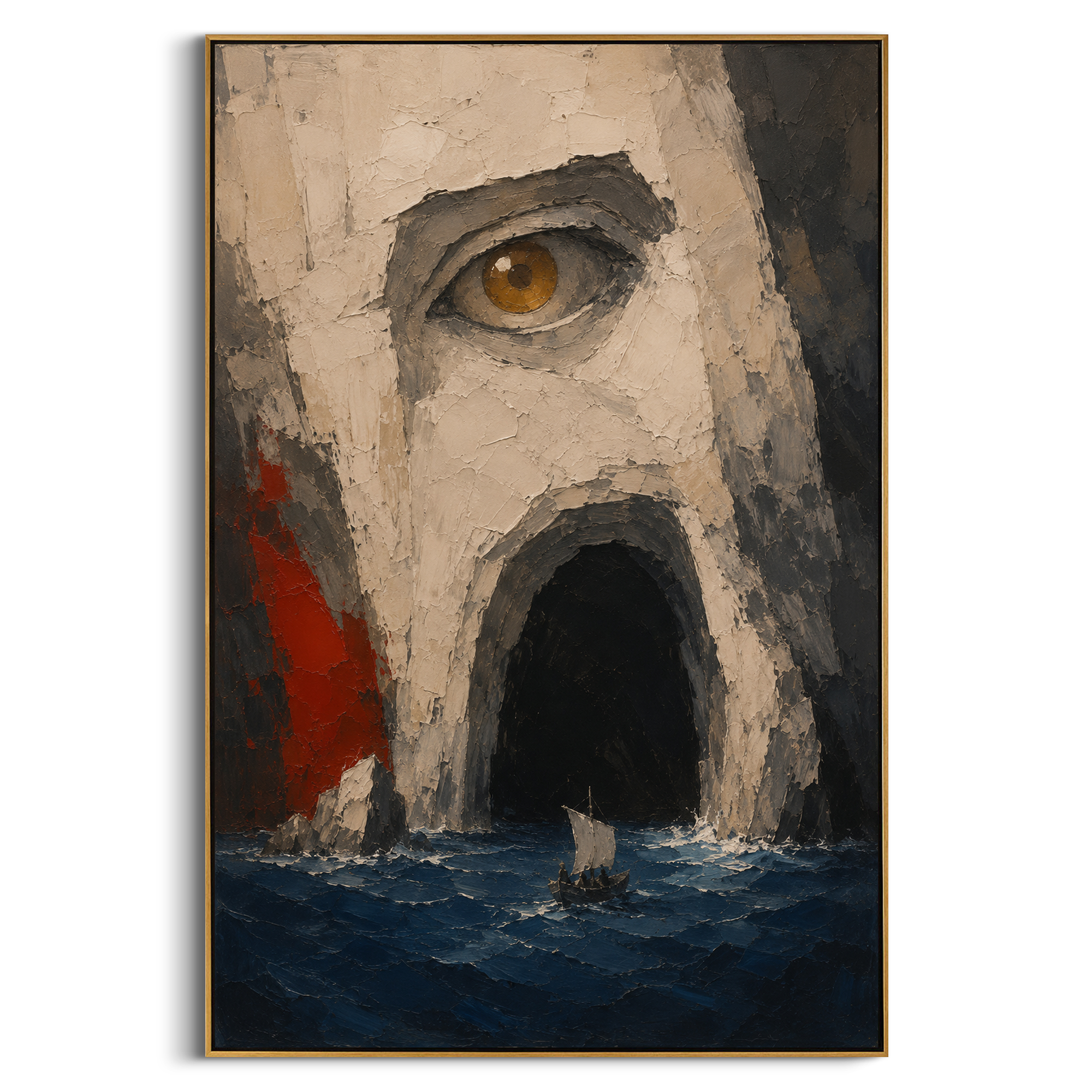 The red sail cuts across the blue water beside a white island baked in gold light. The homeward passage feels direct, bright, and still vulnerable to the open sea.