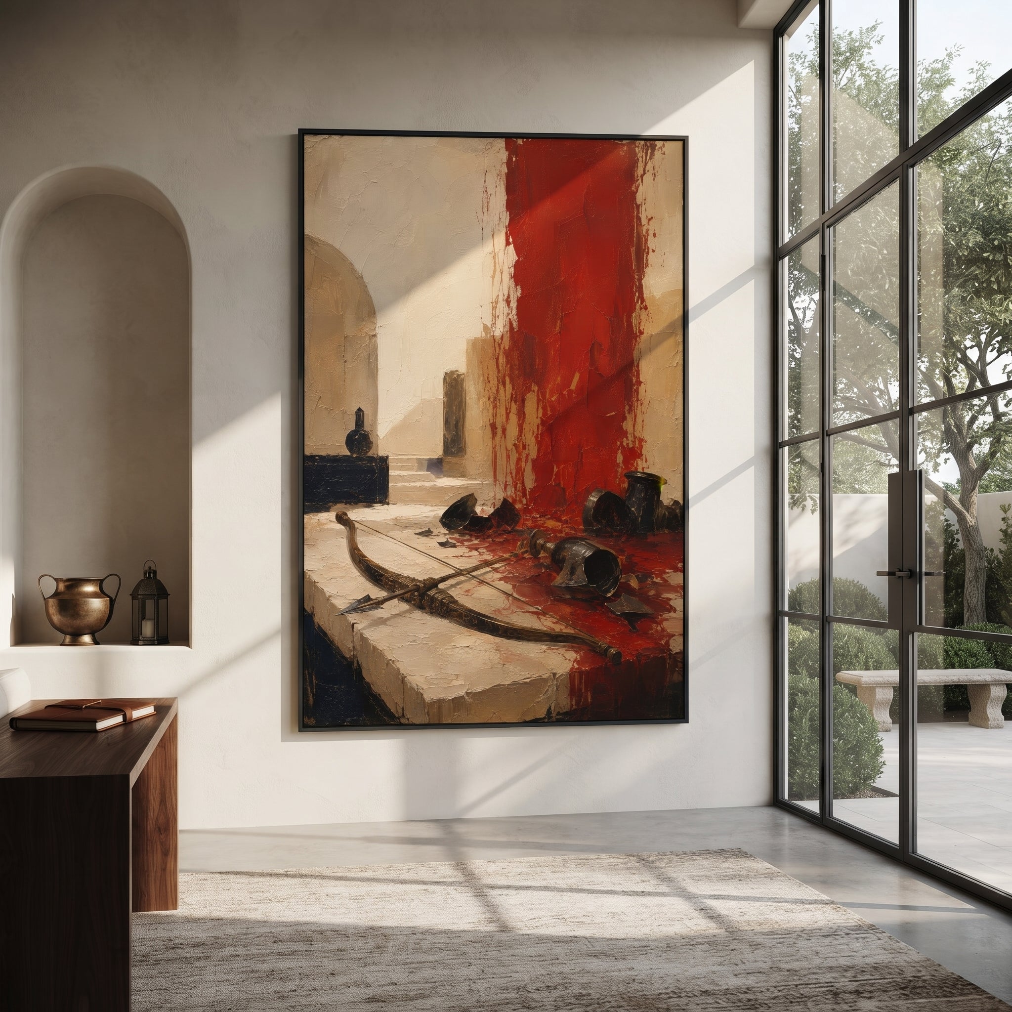 The bow rests across the stone floor while broken vessels scatter around the red wall. It feels like the hall after Odysseus has reclaimed his name, with victory shown through objects left behind.