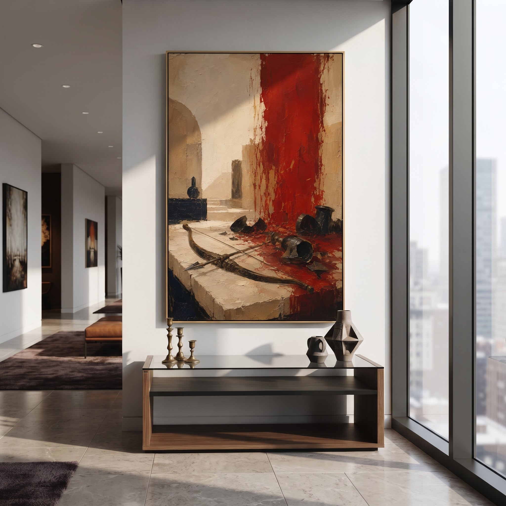 The bow rests across the stone floor while broken vessels scatter around the red wall. It feels like the hall after Odysseus has reclaimed his name, with victory shown through objects left behind.
