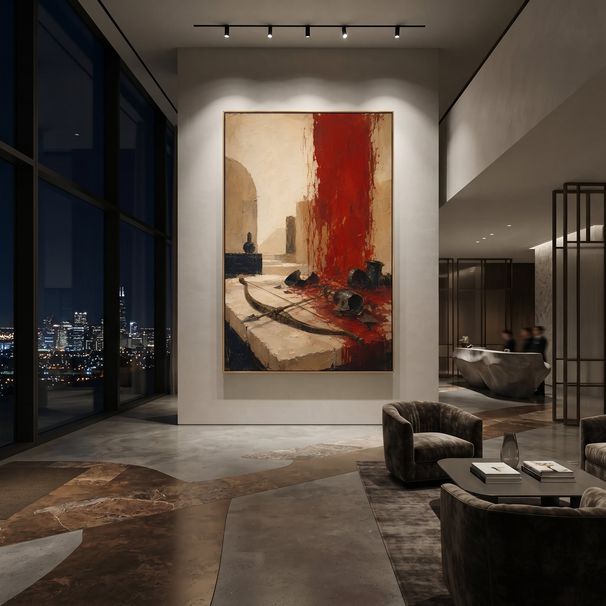 The bow rests across the stone floor while broken vessels scatter around the red wall. It feels like the hall after Odysseus has reclaimed his name, with victory shown through objects left behind.