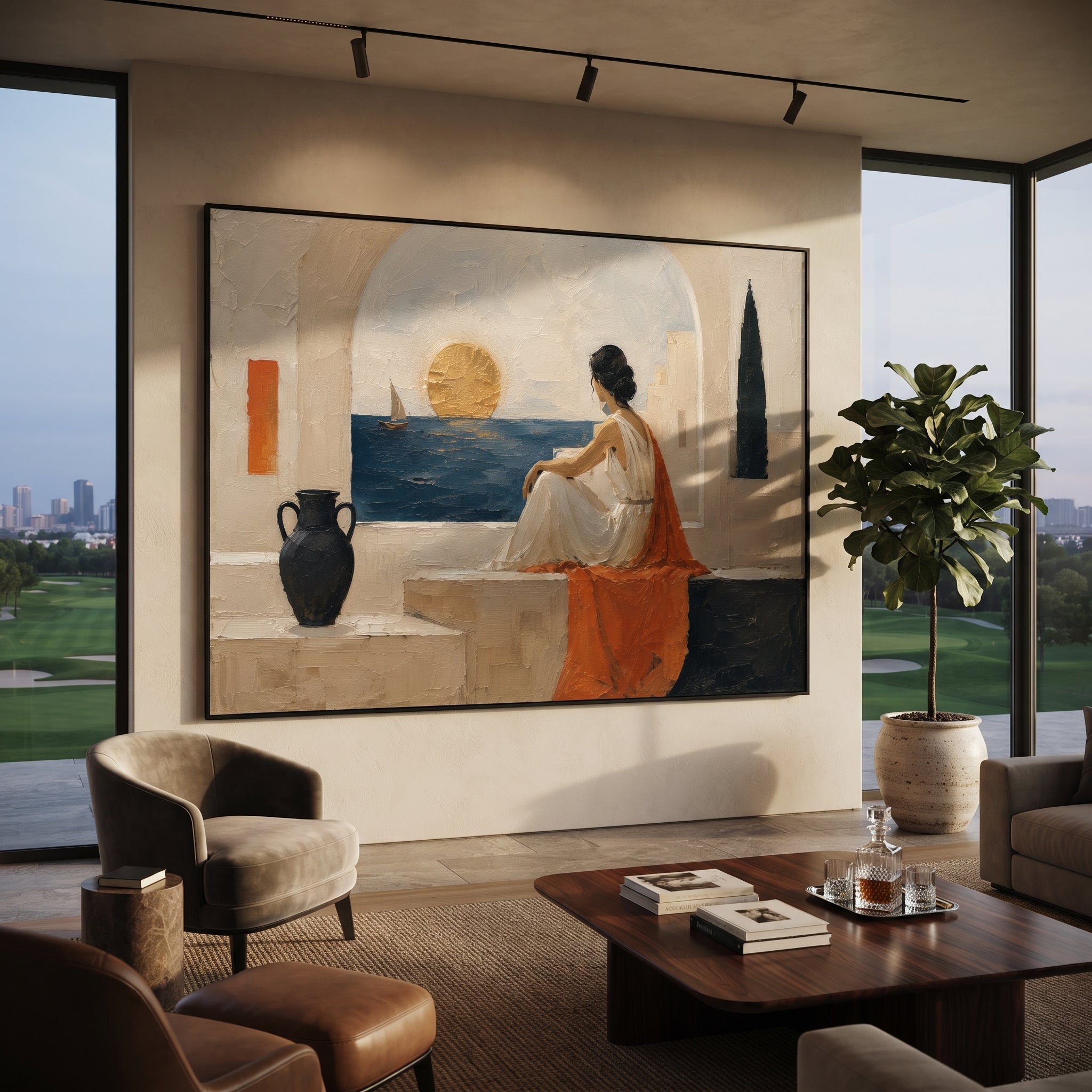 She sits within the white architecture, watching a sail move across the gold-lit sea. The orange drapery pulls the sunset into the room, making longing feel warm and exact.