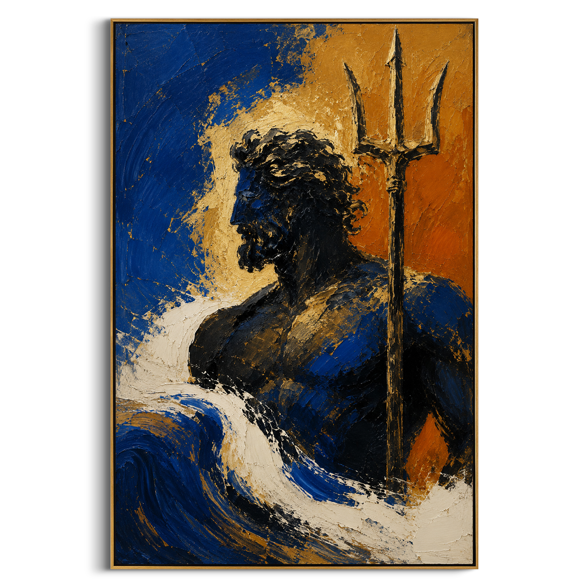 Poseidon rises from the blue foam with the trident held close, half shadow and half gold. The sea curls around him as if every wave has learned his shape.
