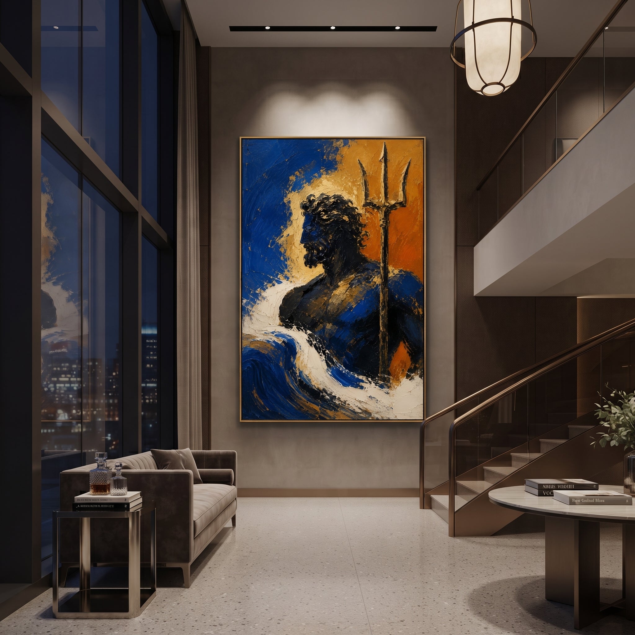 Poseidon rises from the blue foam with the trident held close, half shadow and half gold. The sea curls around him as if every wave has learned his shape.