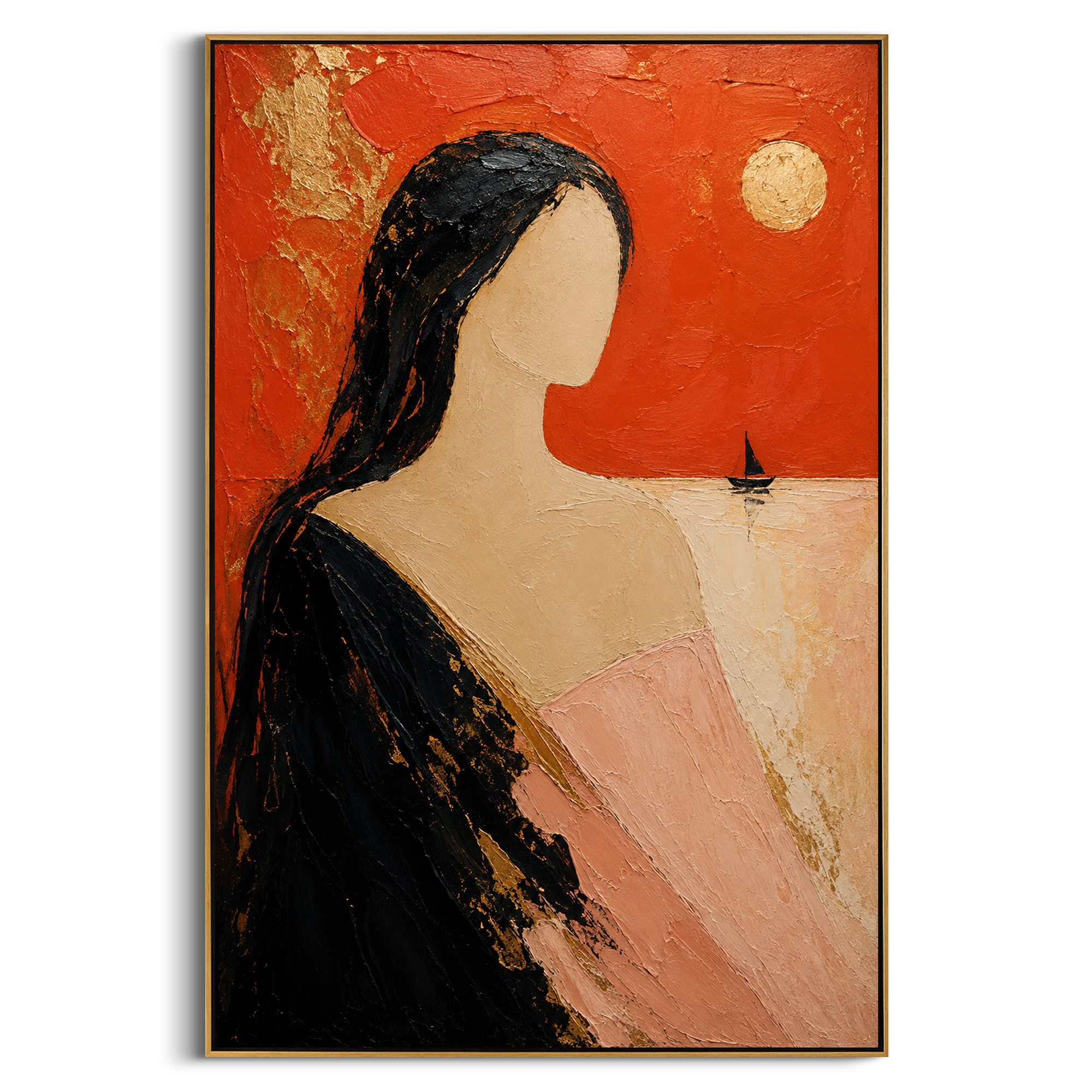 The woman turns toward the red sea where a tiny sail waits under the pale moon. Her blank face gives the scene the feeling of a remembered farewell, vivid but unreadable.