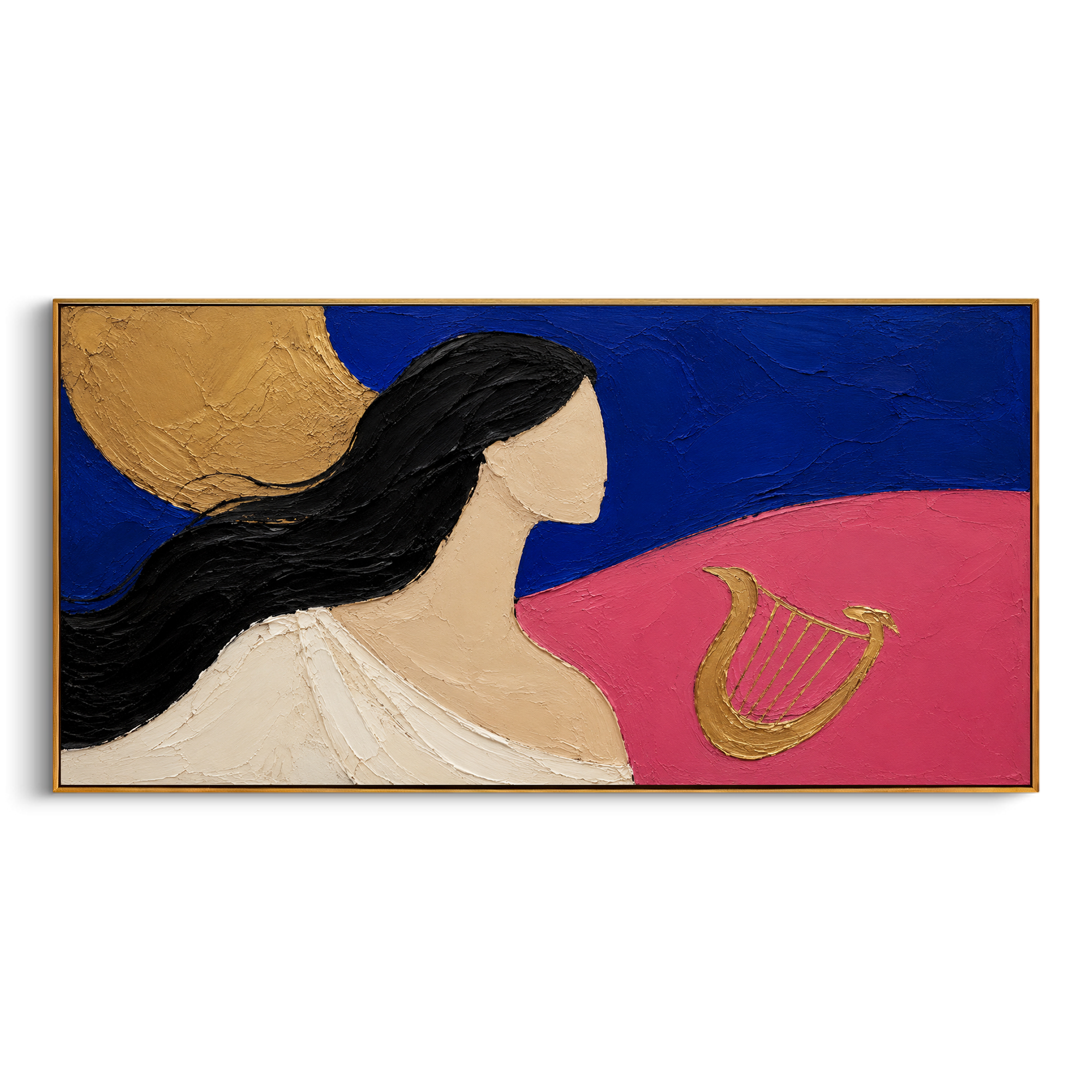 The muse faces the gold lyre as if hearing a song before it is played. Blue night, pink ground, and the round gold light turn the scene into the memory of music guiding a voyage.
