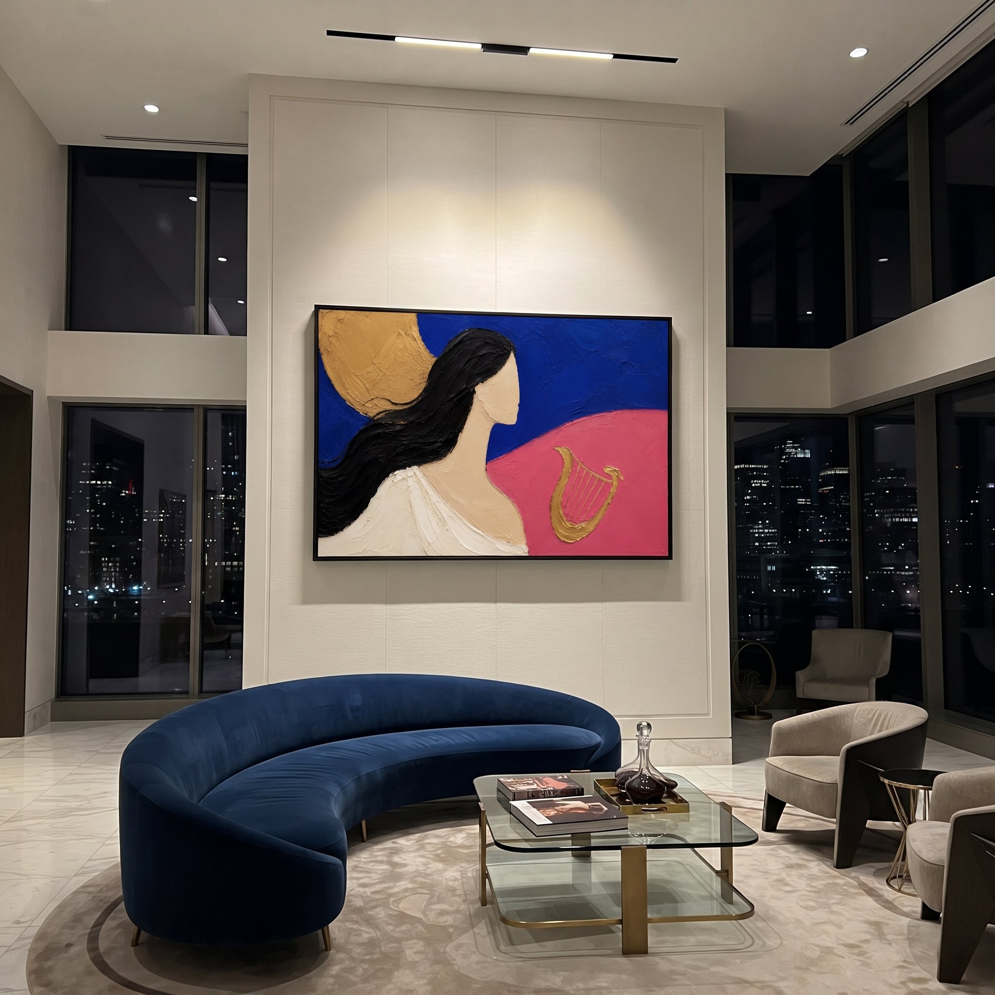 The muse faces the gold lyre as if hearing a song before it is played. Blue night, pink ground, and the round gold light turn the scene into the memory of music guiding a voyage.