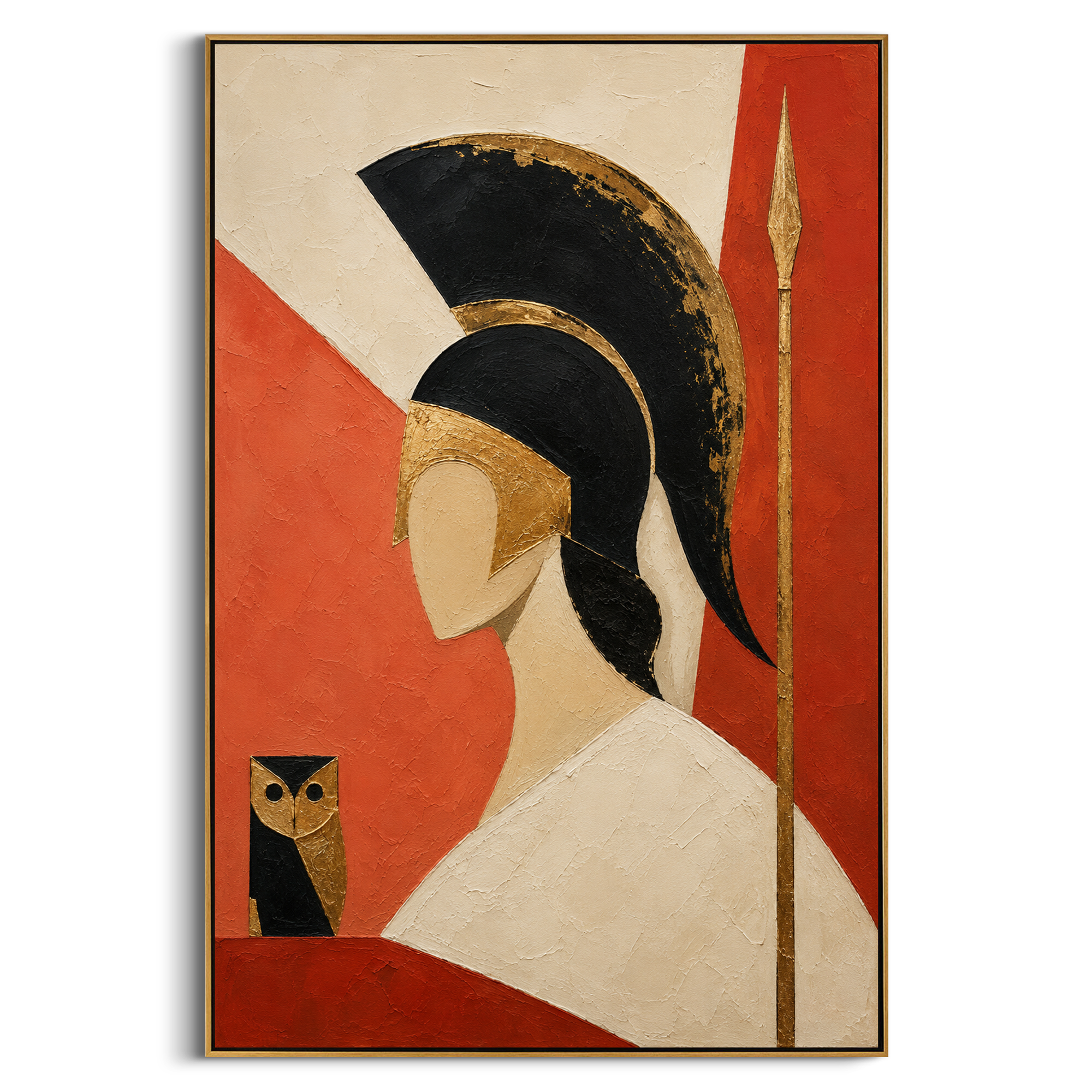 Athena stands in profile with spear upright and the owl set beside her like a compact omen. The red field makes wisdom feel active, guarded, and ready to intervene.