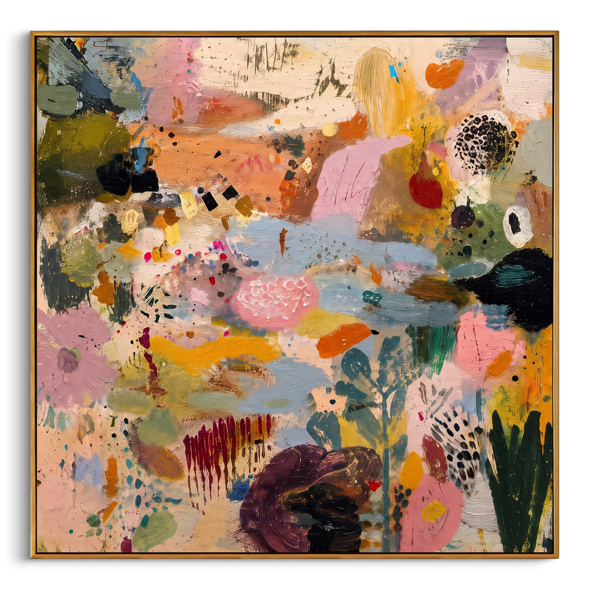 "Bohemian Garden Rhythm Painting" focuses on atmosphere, surface movement, and sculptural heavy impasto craftsmanship rather than a fixed literal storyline. The composition uses this hand-painted square canvas presents a lively bohemian abstract garden with blush pink fields, soft blue passages, ochre marks, deep green brushwork, black dotted accents, and raised palette-knife texture as the visual anchor, while layered palette-knife paint, raised plaster-like texture, and softened brush movement