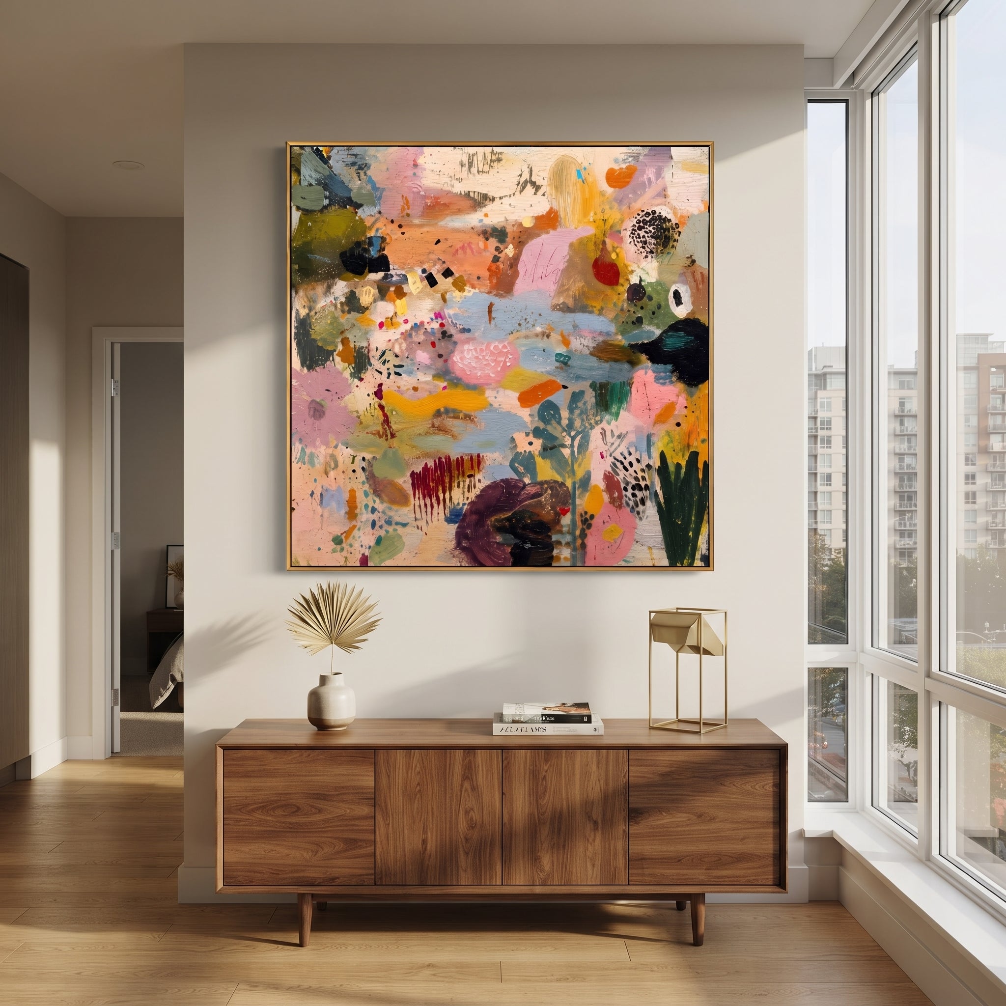 "Bohemian Garden Rhythm Painting" focuses on atmosphere, surface movement, and sculptural heavy impasto craftsmanship rather than a fixed literal storyline. The composition uses this hand-painted square canvas presents a lively bohemian abstract garden with blush pink fields, soft blue passages, ochre marks, deep green brushwork, black dotted accents, and raised palette-knife texture as the visual anchor, while layered palette-knife paint, raised plaster-like texture, and softened brush movement