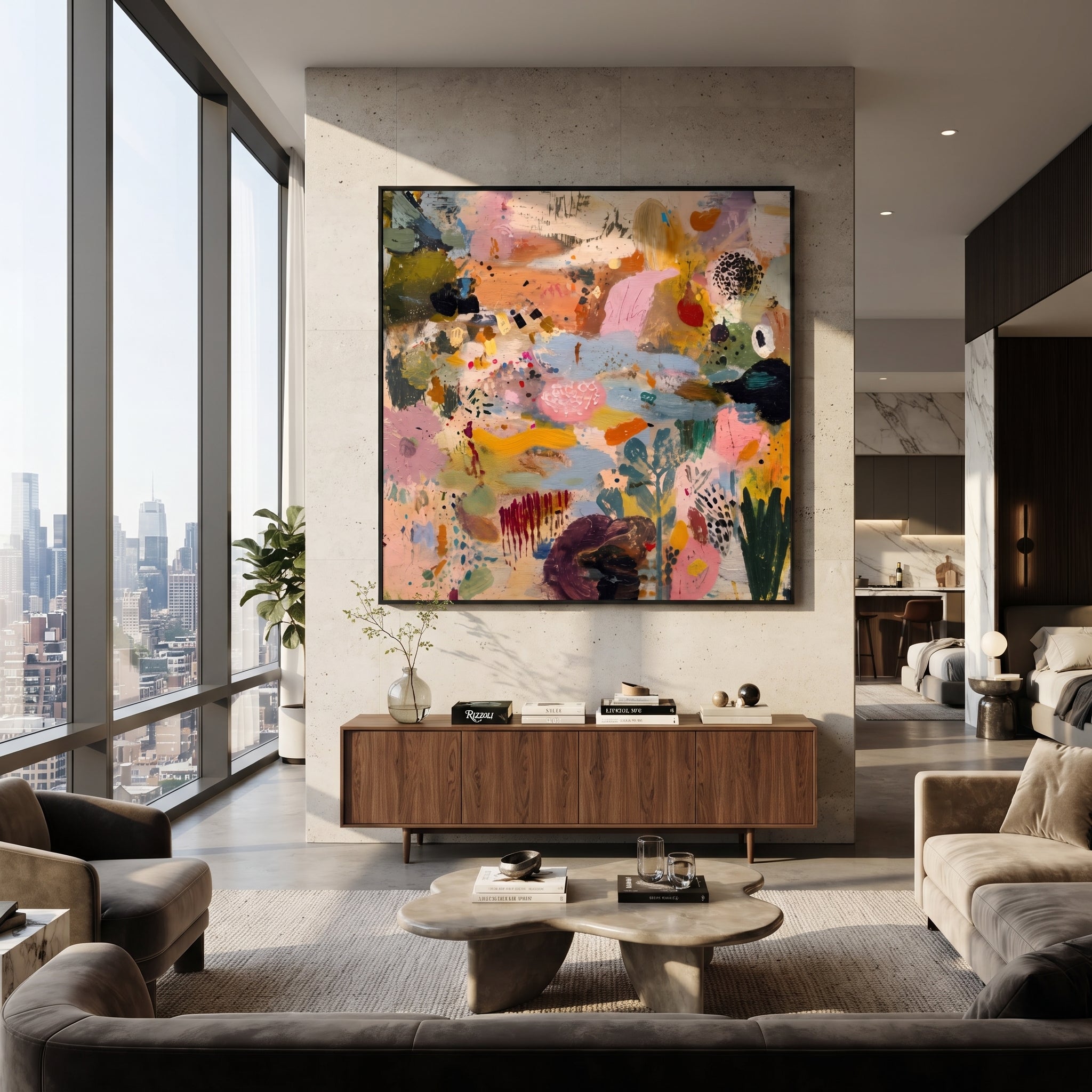 "Bohemian Garden Rhythm Painting" focuses on atmosphere, surface movement, and sculptural heavy impasto craftsmanship rather than a fixed literal storyline. The composition uses this hand-painted square canvas presents a lively bohemian abstract garden with blush pink fields, soft blue passages, ochre marks, deep green brushwork, black dotted accents, and raised palette-knife texture as the visual anchor, while layered palette-knife paint, raised plaster-like texture, and softened brush movement