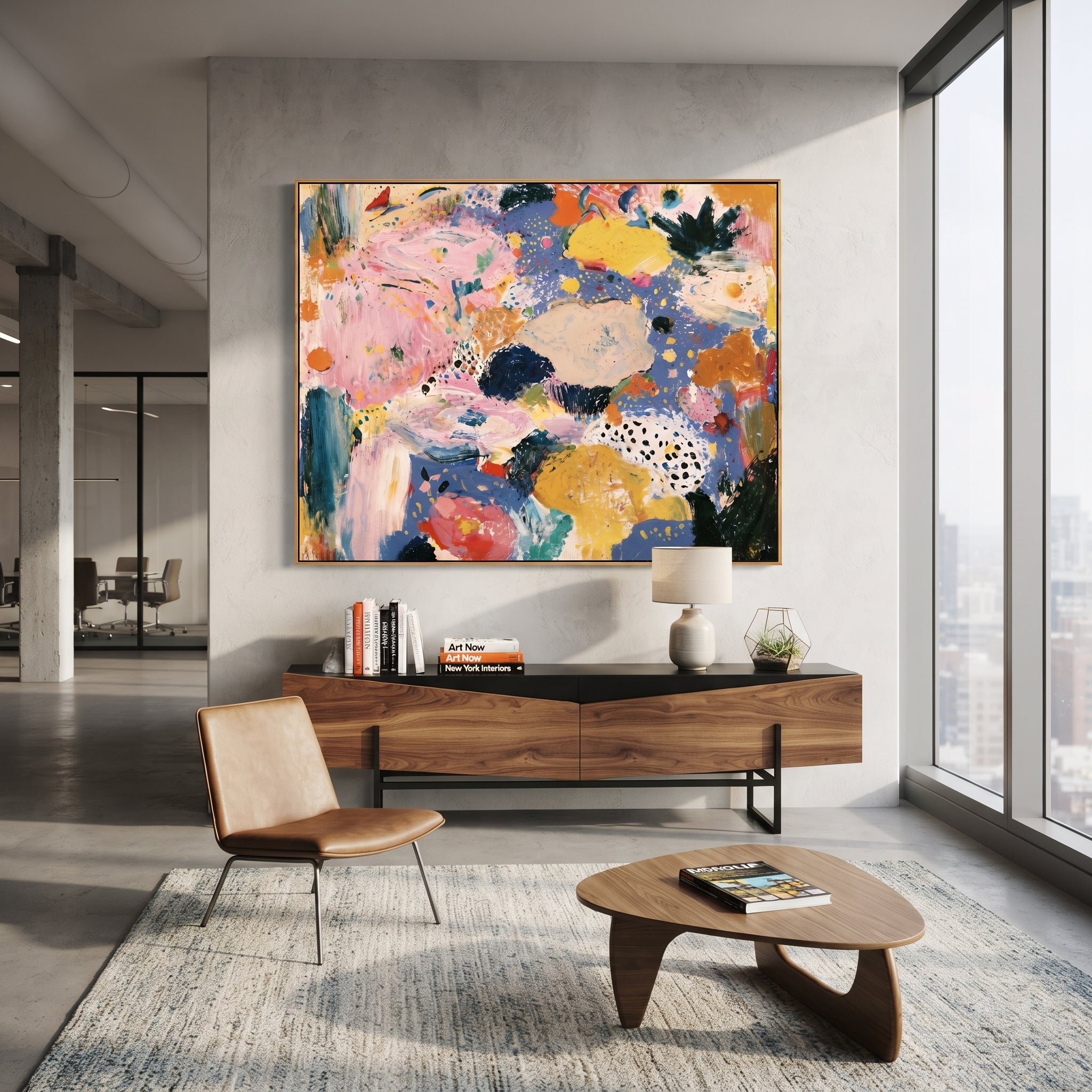"Blue Pink Bohemian Abstract Painting" focuses on atmosphere, surface movement, and sculptural heavy impasto craftsmanship rather than a fixed literal storyline. The composition uses this hand-painted horizontal canvas presents a colorful bohemian abstract composition with broad pink movement, cornflower blue ground, golden yellow shapes, ivory patches, dark green strokes, and scattered dot details as the visual anchor, while layered palette-knife paint, raised plaster-like texture, and softened