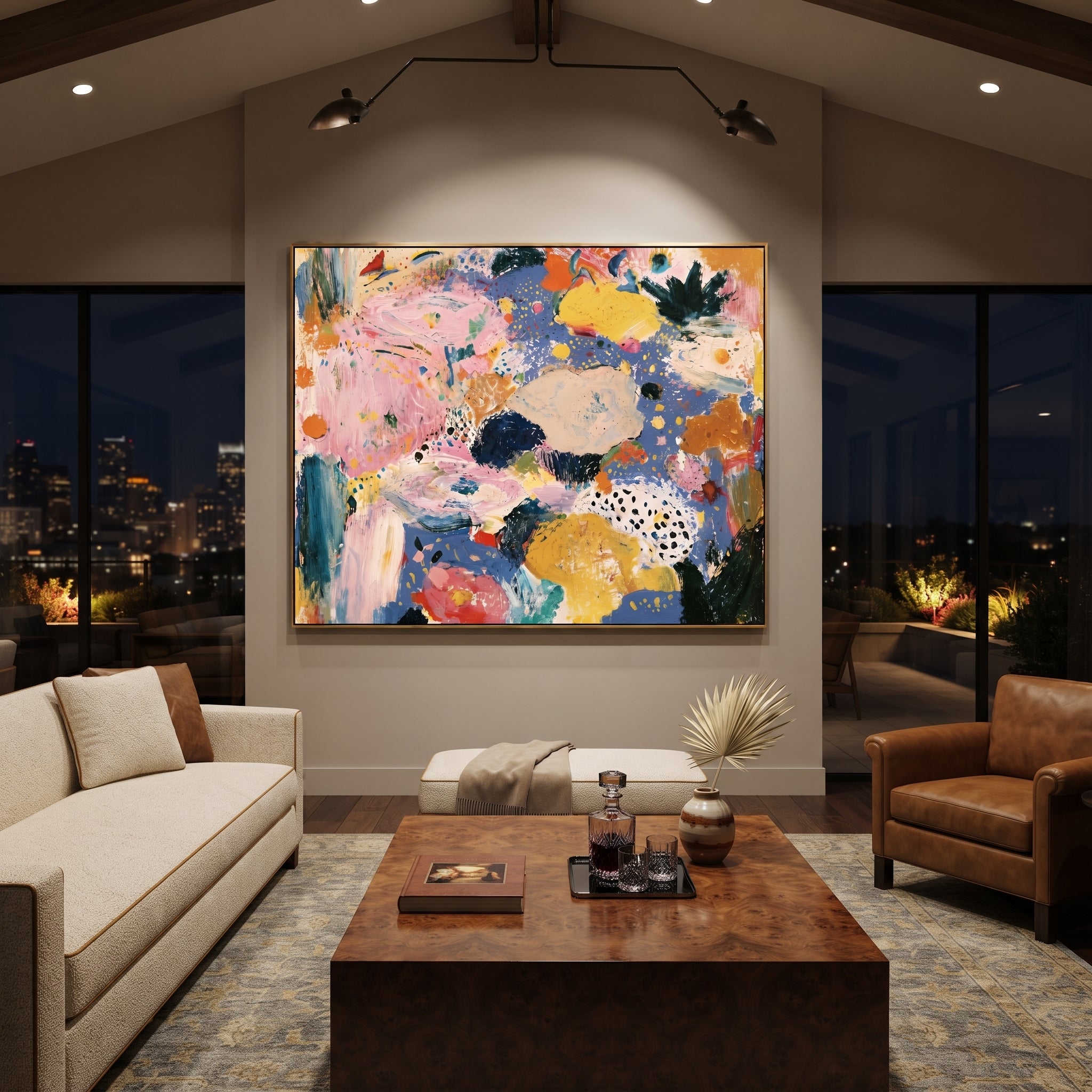 "Blue Pink Bohemian Abstract Painting" focuses on atmosphere, surface movement, and sculptural heavy impasto craftsmanship rather than a fixed literal storyline. The composition uses this hand-painted horizontal canvas presents a colorful bohemian abstract composition with broad pink movement, cornflower blue ground, golden yellow shapes, ivory patches, dark green strokes, and scattered dot details as the visual anchor, while layered palette-knife paint, raised plaster-like texture, and softened