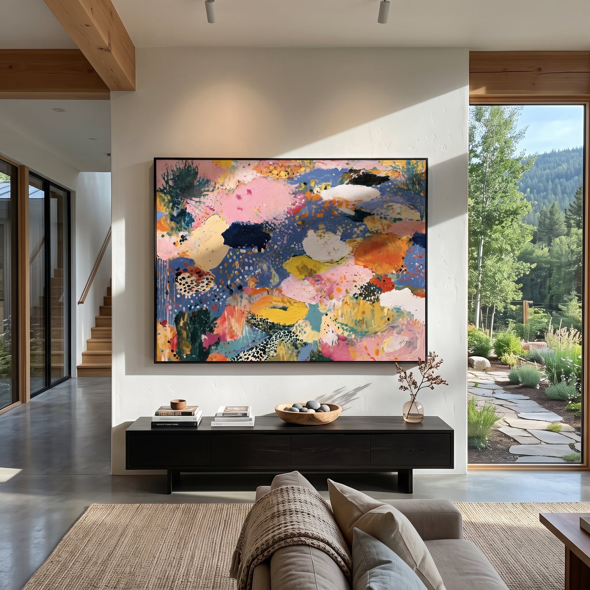 "Bohemian Blue Meadow Abstract Painting" focuses on atmosphere, surface movement, and sculptural heavy impasto craftsmanship rather than a fixed literal storyline. The composition uses this hand-painted horizontal canvas presents a bright bohemian abstract meadow mood with soft blue negative space, blush pink fields, cream and white floral-like forms, yellow accents, orange marks, and dotted handmade texture as the visual anchor, while layered palette-knife paint, raised plaster-like texture