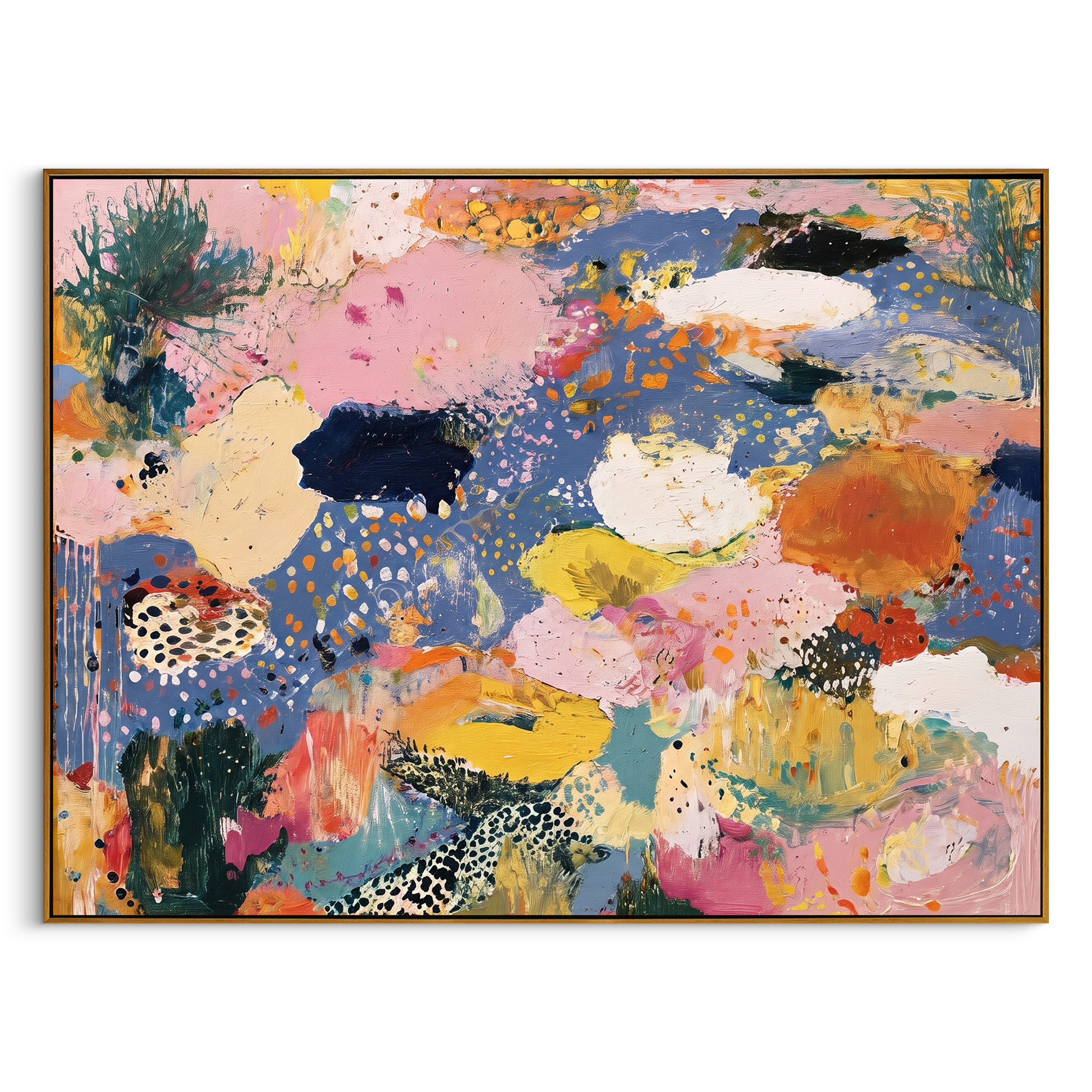 "Bohemian Blue Meadow Abstract Painting" focuses on atmosphere, surface movement, and sculptural heavy impasto craftsmanship rather than a fixed literal storyline. The composition uses this hand-painted horizontal canvas presents a bright bohemian abstract meadow mood with soft blue negative space, blush pink fields, cream and white floral-like forms, yellow accents, orange marks, and dotted handmade texture as the visual anchor, while layered palette-knife paint, raised plaster-like texture