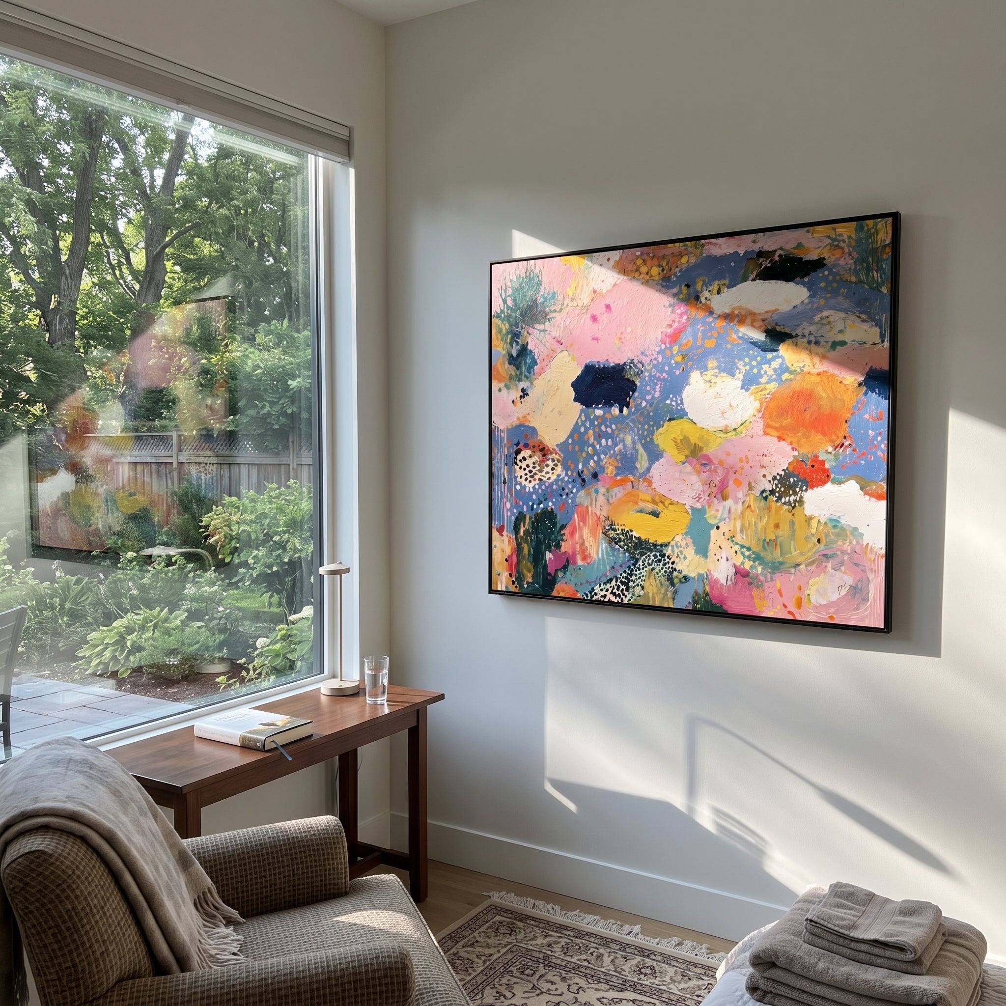 "Bohemian Blue Meadow Abstract Painting" focuses on atmosphere, surface movement, and sculptural heavy impasto craftsmanship rather than a fixed literal storyline. The composition uses this hand-painted horizontal canvas presents a bright bohemian abstract meadow mood with soft blue negative space, blush pink fields, cream and white floral-like forms, yellow accents, orange marks, and dotted handmade texture as the visual anchor, while layered palette-knife paint, raised plaster-like texture