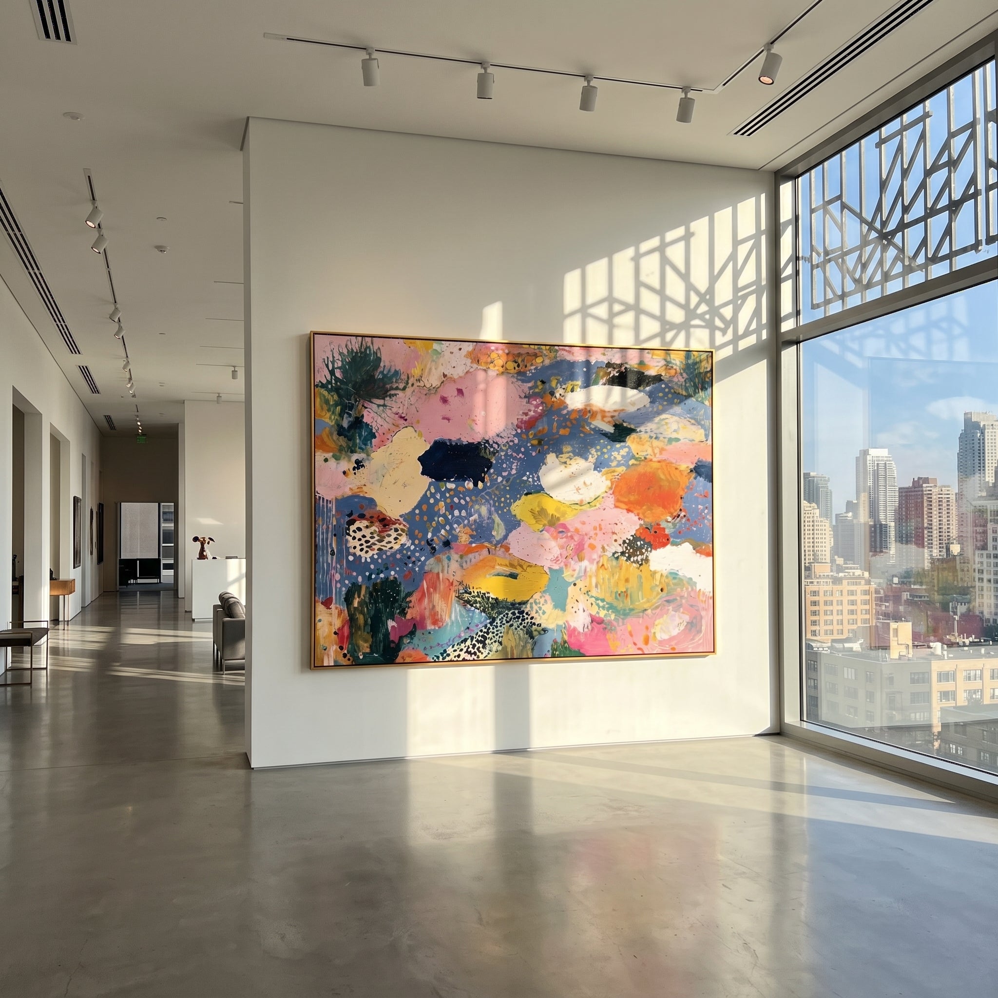 "Bohemian Blue Meadow Abstract Painting" focuses on atmosphere, surface movement, and sculptural heavy impasto craftsmanship rather than a fixed literal storyline. The composition uses this hand-painted horizontal canvas presents a bright bohemian abstract meadow mood with soft blue negative space, blush pink fields, cream and white floral-like forms, yellow accents, orange marks, and dotted handmade texture as the visual anchor, while layered palette-knife paint, raised plaster-like texture
