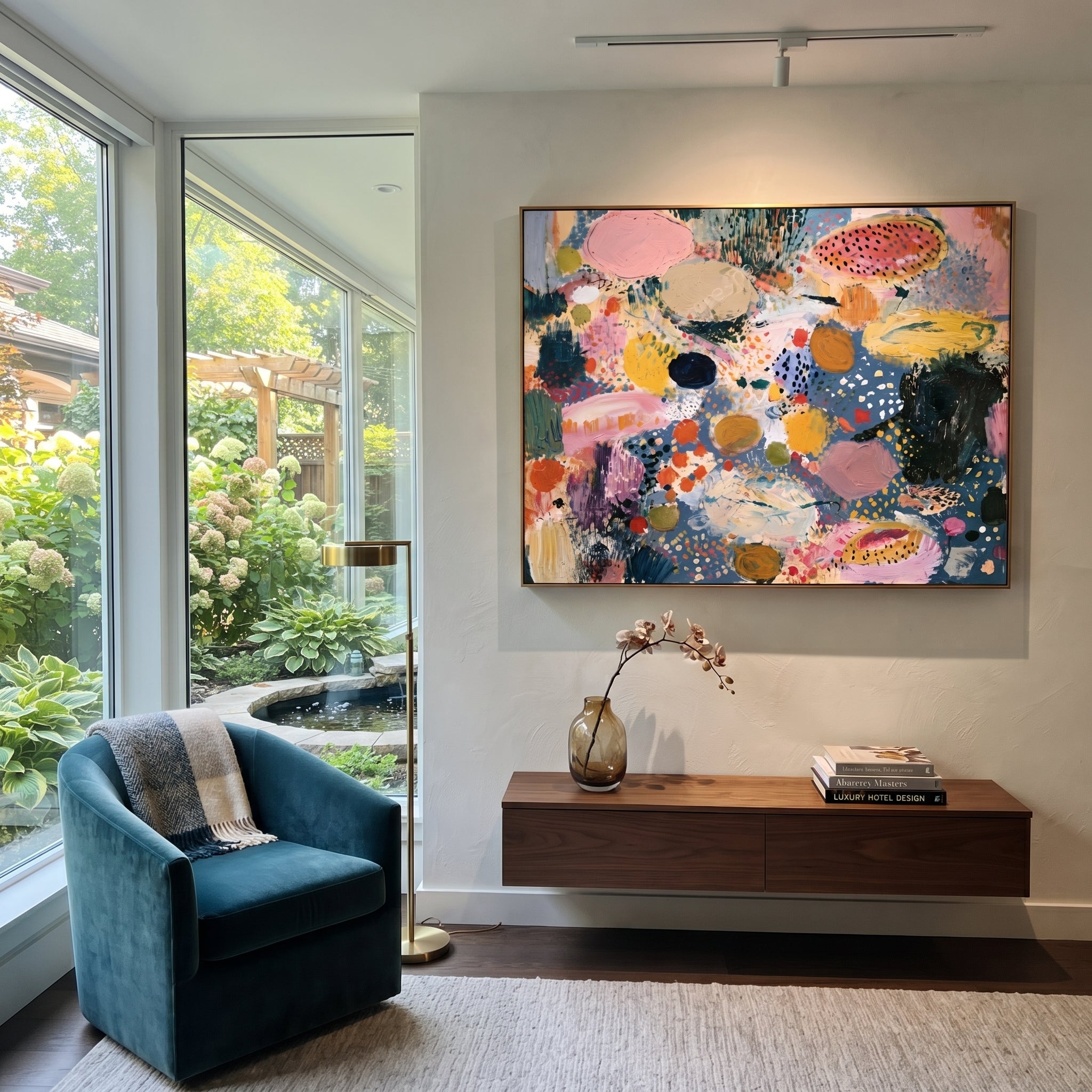 "Spotted Bohemian Color Field Painting" focuses on atmosphere, surface movement, and sculptural heavy impasto craftsmanship rather than a fixed literal storyline. The composition uses this hand-painted horizontal canvas presents a playful bohemian color-field abstract with slate blue ground, pink oval forms, mustard and ochre patches, black spotted motifs, soft cream movement, and expressive impasto brushwork as the visual anchor, while layered palette-knife paint, raised plaster-like texture