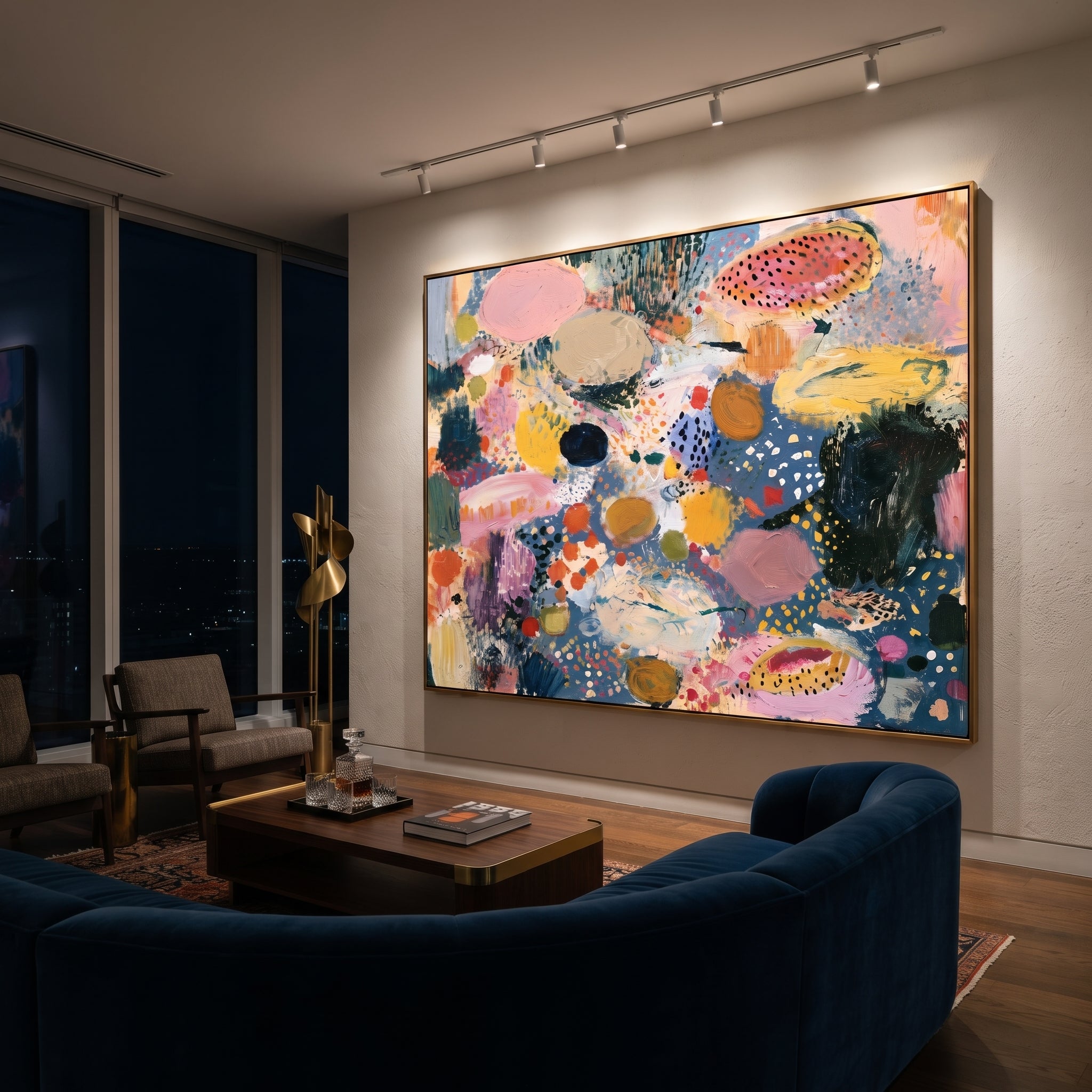 "Spotted Bohemian Color Field Painting" focuses on atmosphere, surface movement, and sculptural heavy impasto craftsmanship rather than a fixed literal storyline. The composition uses this hand-painted horizontal canvas presents a playful bohemian color-field abstract with slate blue ground, pink oval forms, mustard and ochre patches, black spotted motifs, soft cream movement, and expressive impasto brushwork as the visual anchor, while layered palette-knife paint, raised plaster-like texture
