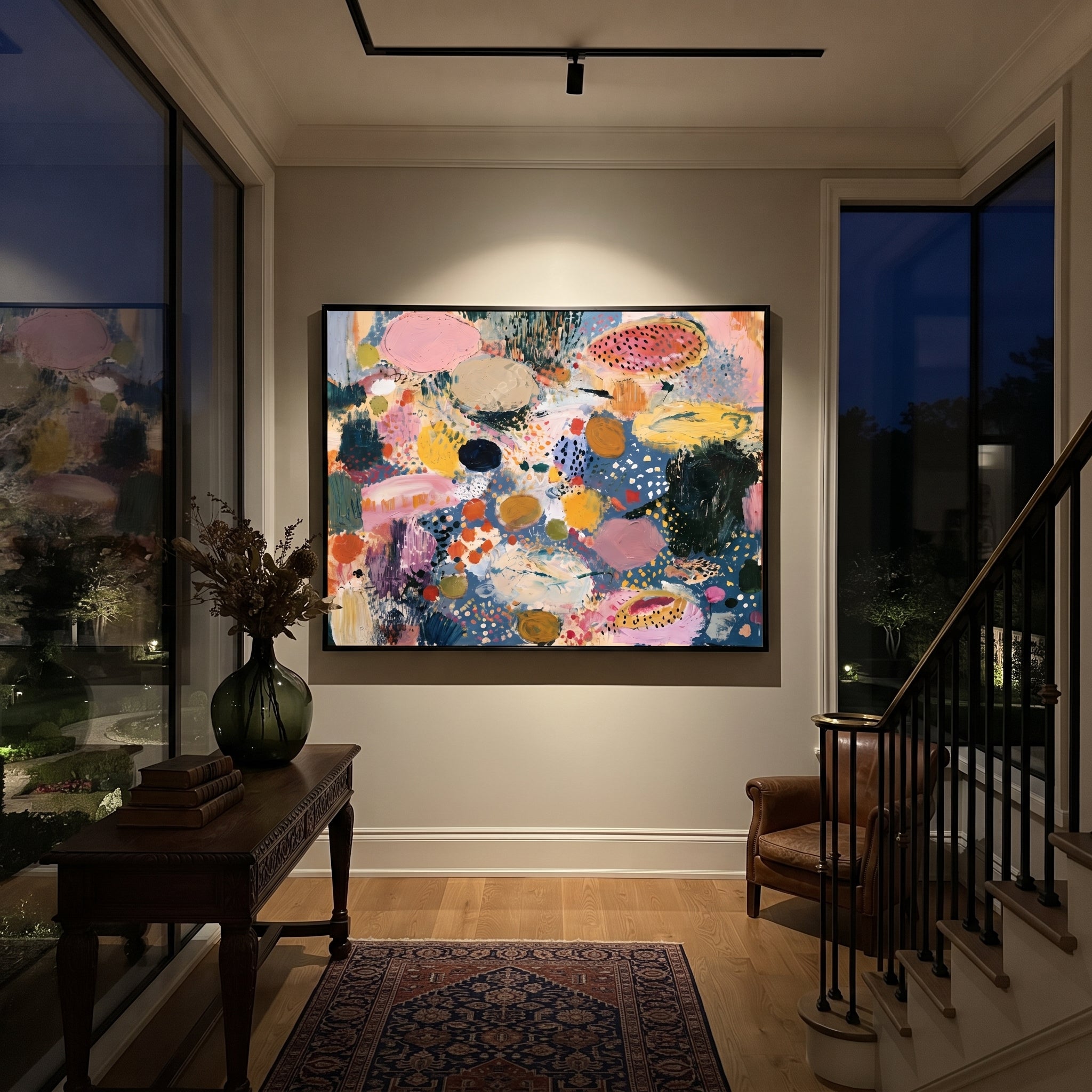 "Spotted Bohemian Color Field Painting" focuses on atmosphere, surface movement, and sculptural heavy impasto craftsmanship rather than a fixed literal storyline. The composition uses this hand-painted horizontal canvas presents a playful bohemian color-field abstract with slate blue ground, pink oval forms, mustard and ochre patches, black spotted motifs, soft cream movement, and expressive impasto brushwork as the visual anchor, while layered palette-knife paint, raised plaster-like texture
