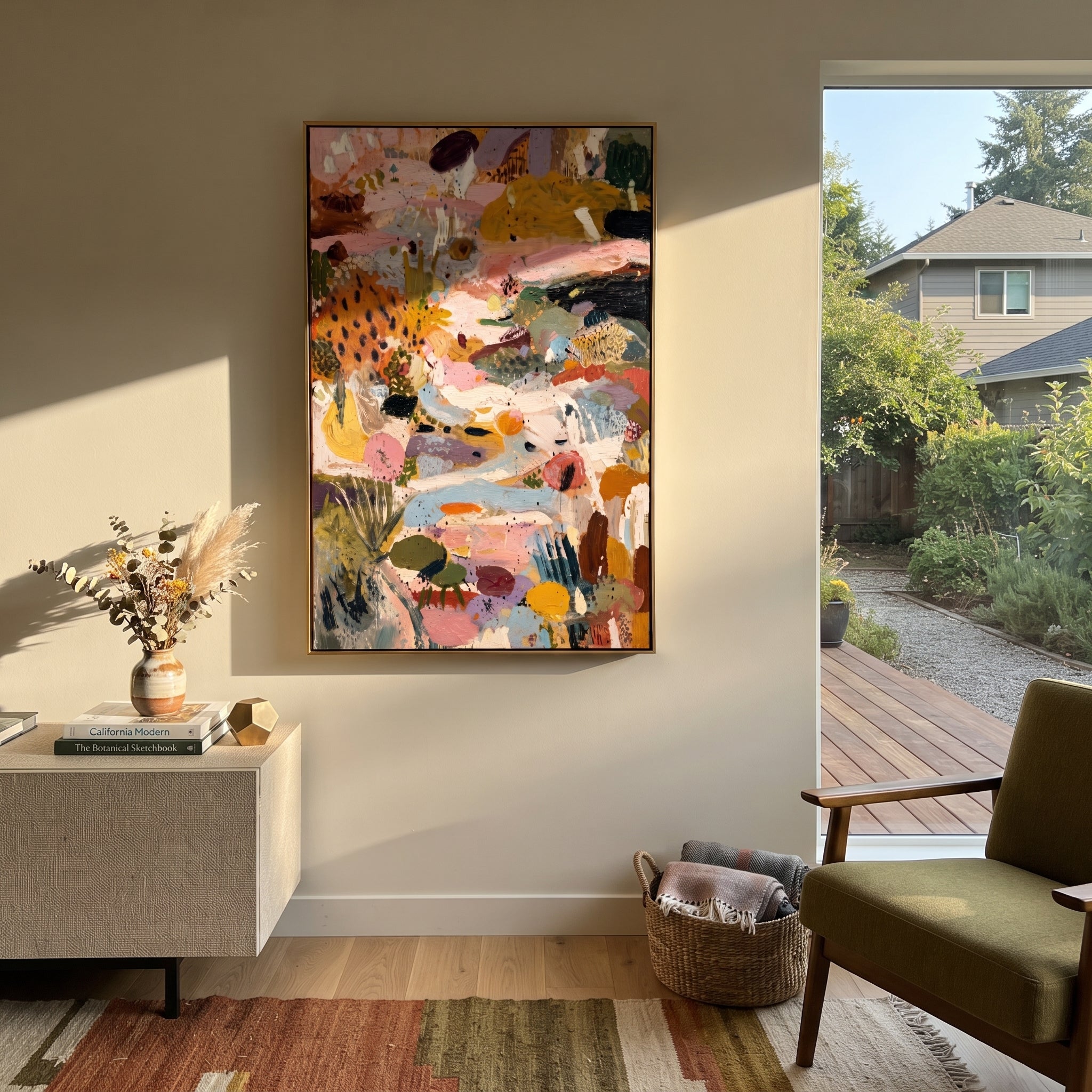 "Vertical Bohemian Patchwork Painting" focuses on atmosphere, surface movement, and sculptural heavy impasto craftsmanship rather than a fixed literal storyline. The composition uses this hand-painted vertical canvas presents a layered bohemian patchwork abstract with blush pink passages, mustard yellow blocks, muted blue sweeps, olive green marks, black accents, and richly raised palette-knife texture as the visual anchor, while layered palette-knife paint, raised plaster-like texture, and